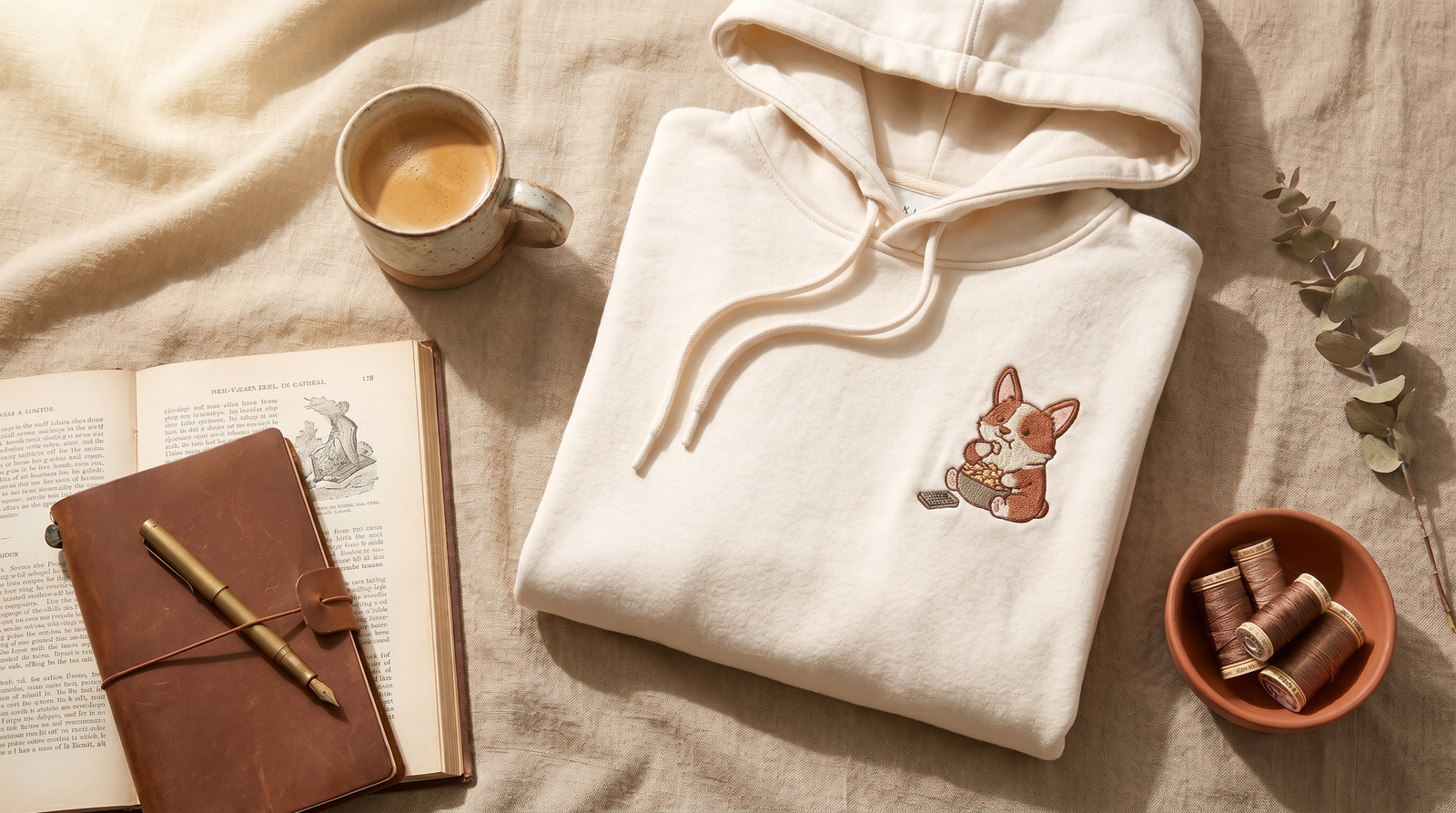 Corgi mom in a cottagecore outfit wearing a hand-embroidered CozyPawfect hoodie on a slow Sunday morning