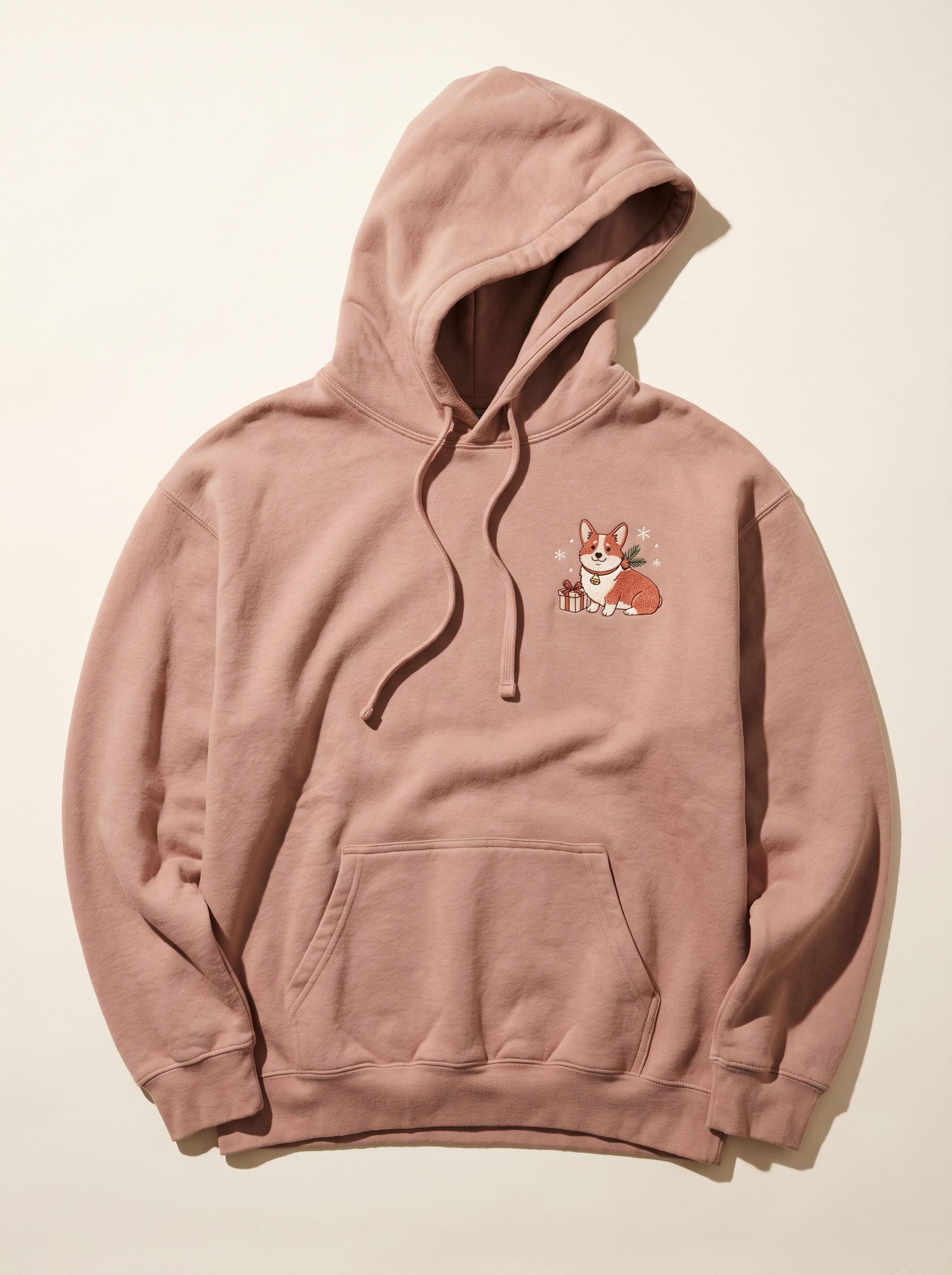 embroidered christmas corgi hoodie - flat front