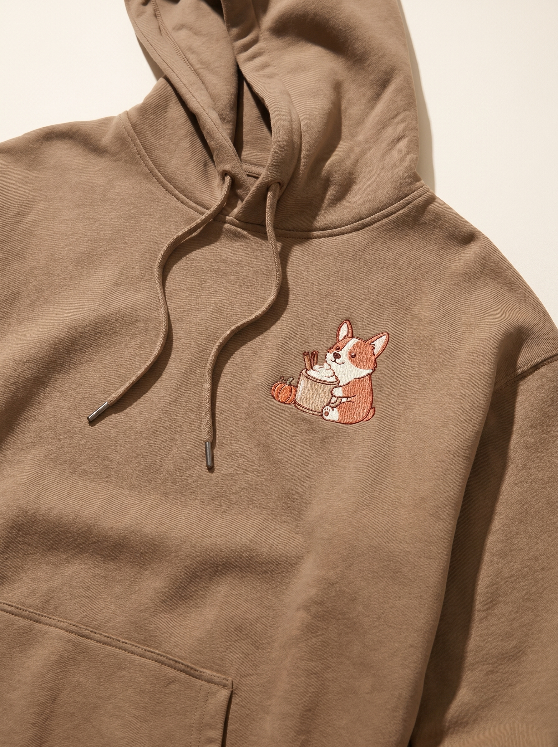 embroidered pumpkin spice corgi hoodie - chest detail