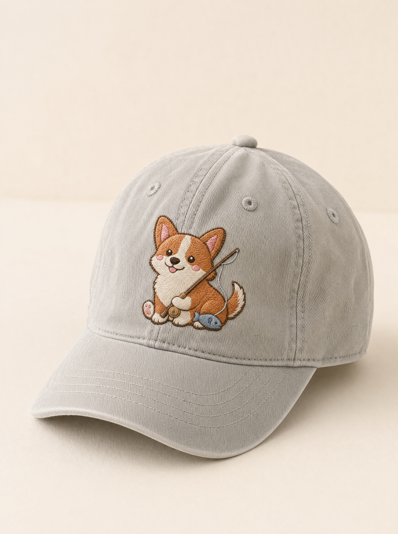embroidered fishing pier corgi hat - flat front