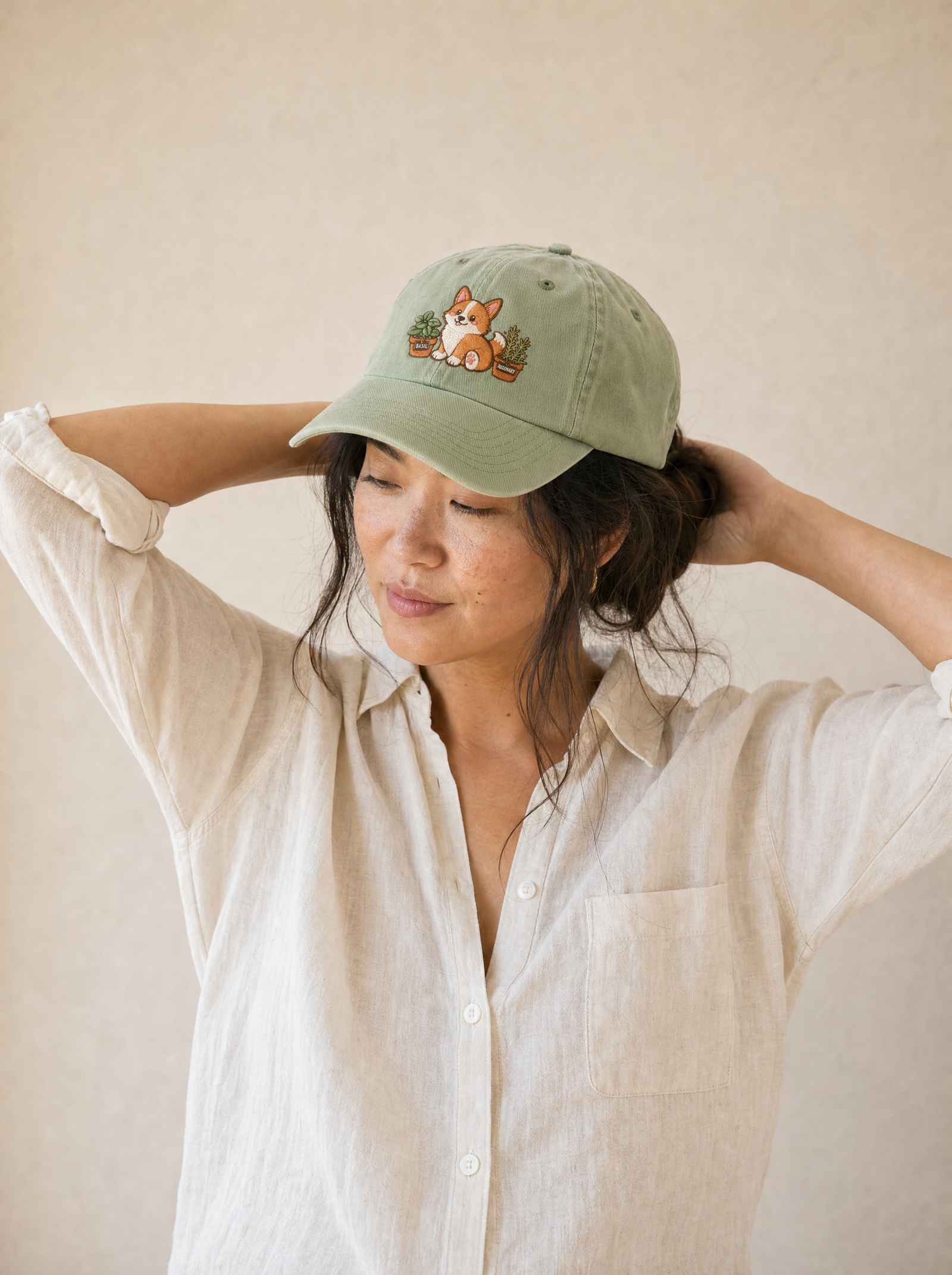embroidered herb garden corgi hat - model upper body