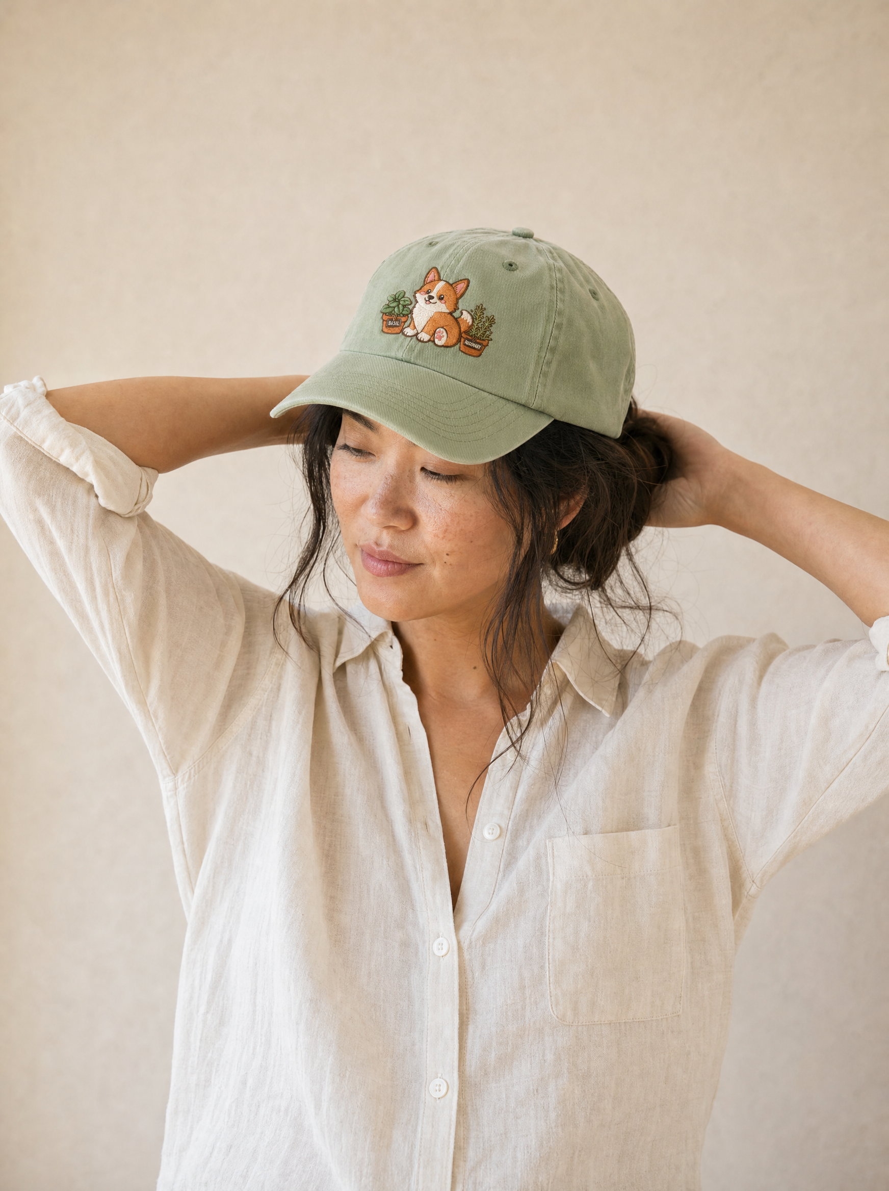 embroidered herb garden corgi hat - model upper body