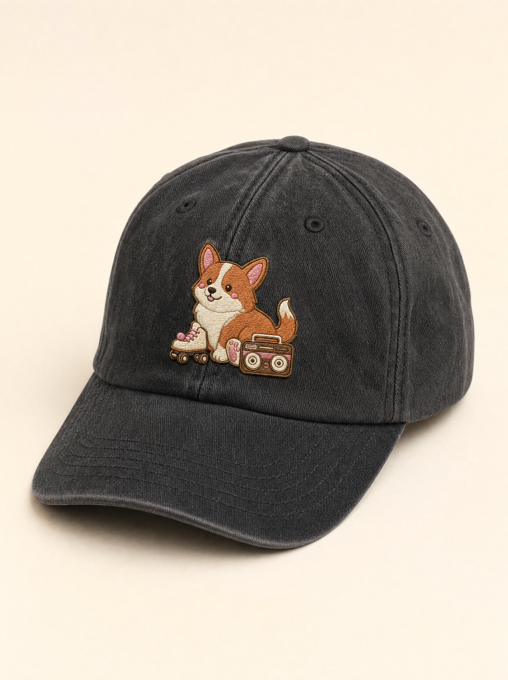 embroidered roller skate corgi hat - flat front