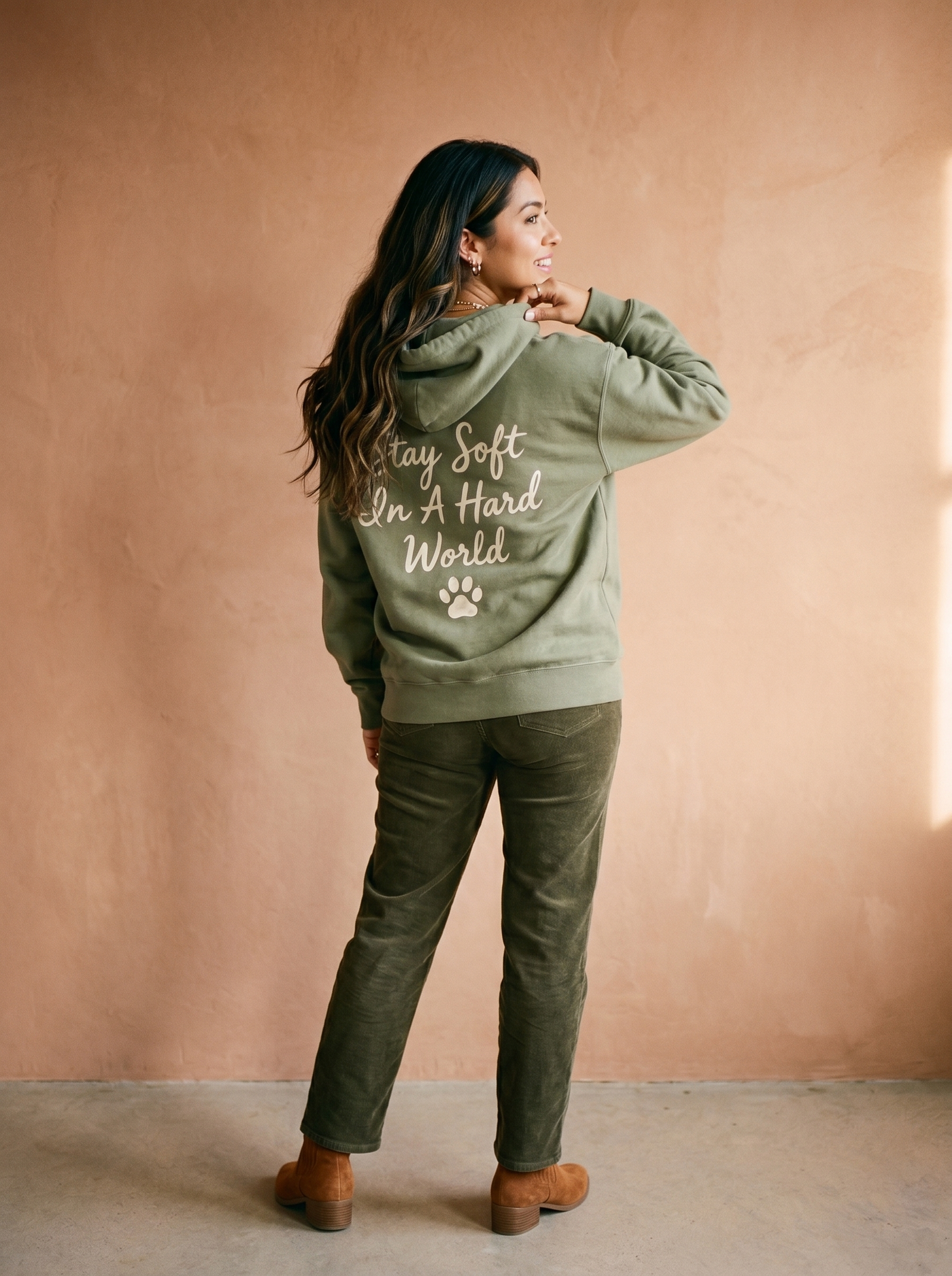 embroidered pottery corgi hoodie - model back