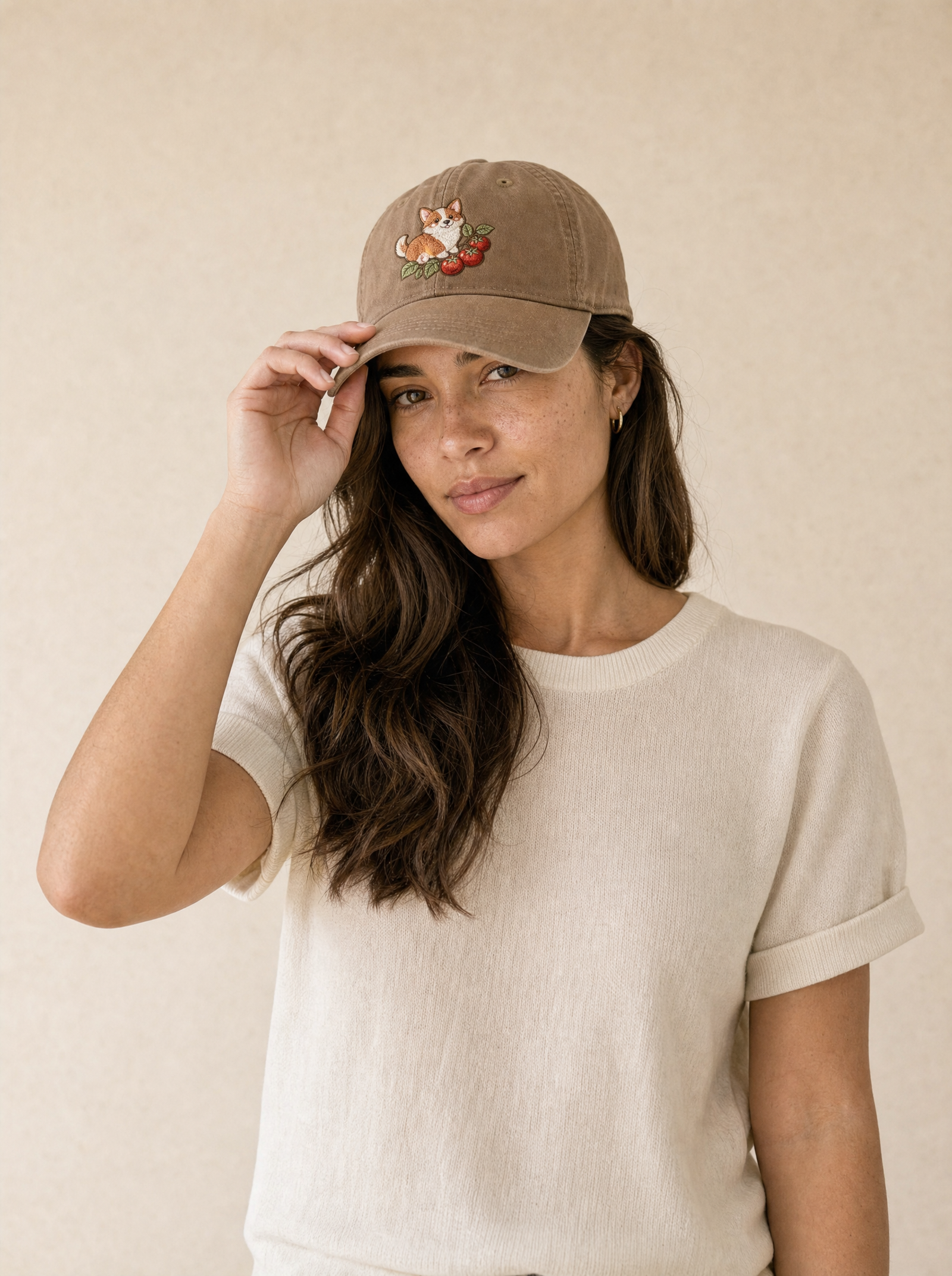 embroidered tomato vine corgi hat - model upper body