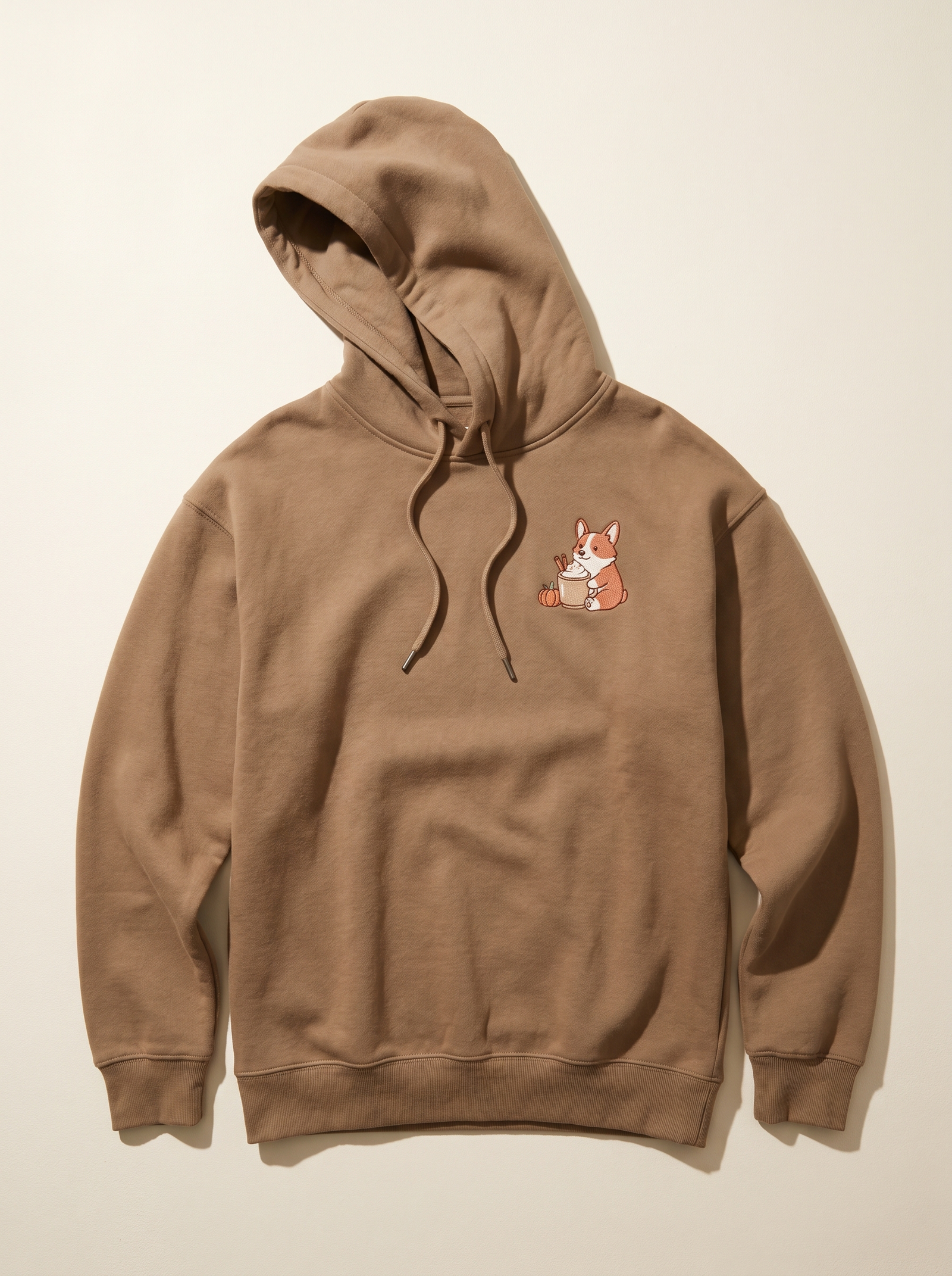 embroidered pumpkin spice corgi hoodie - flat front