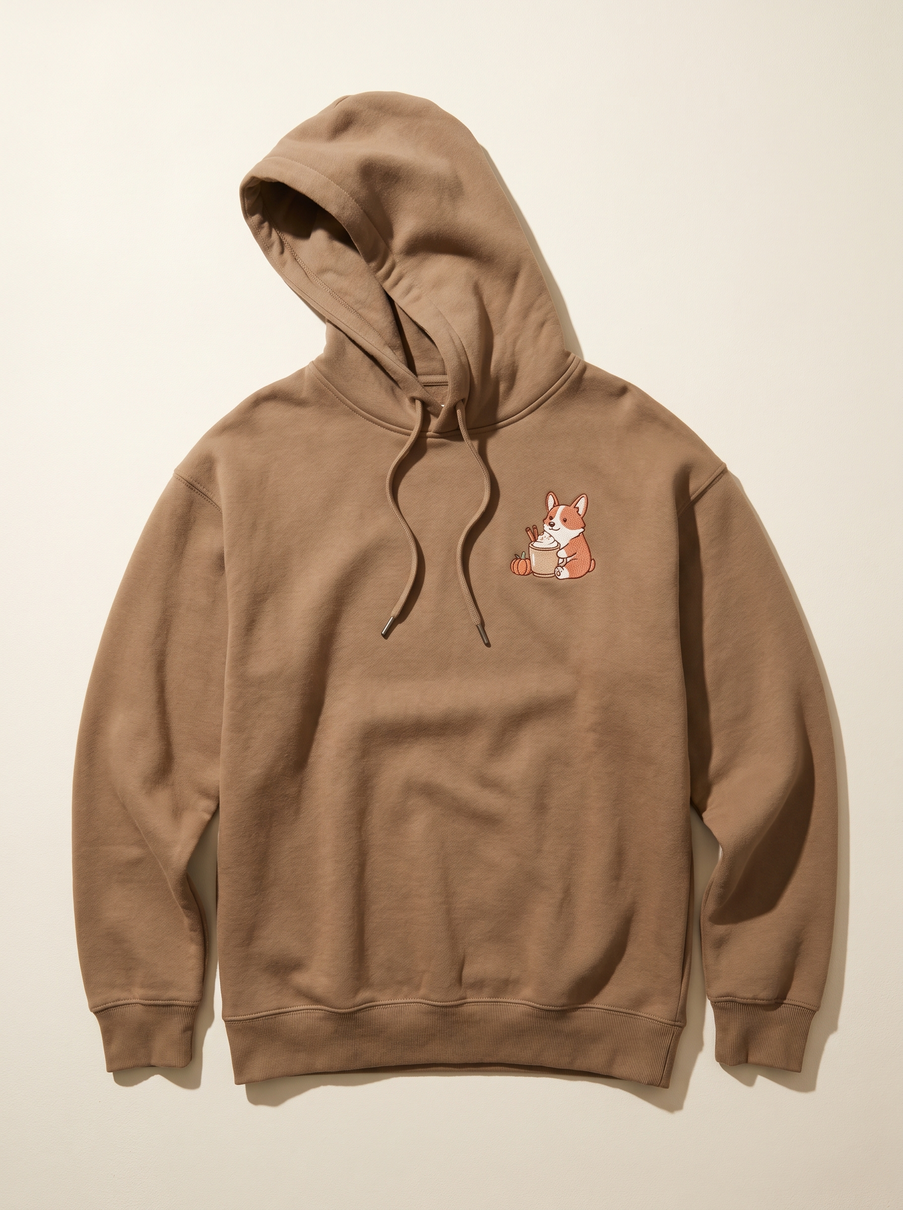 embroidered pumpkin spice corgi hoodie - flat front