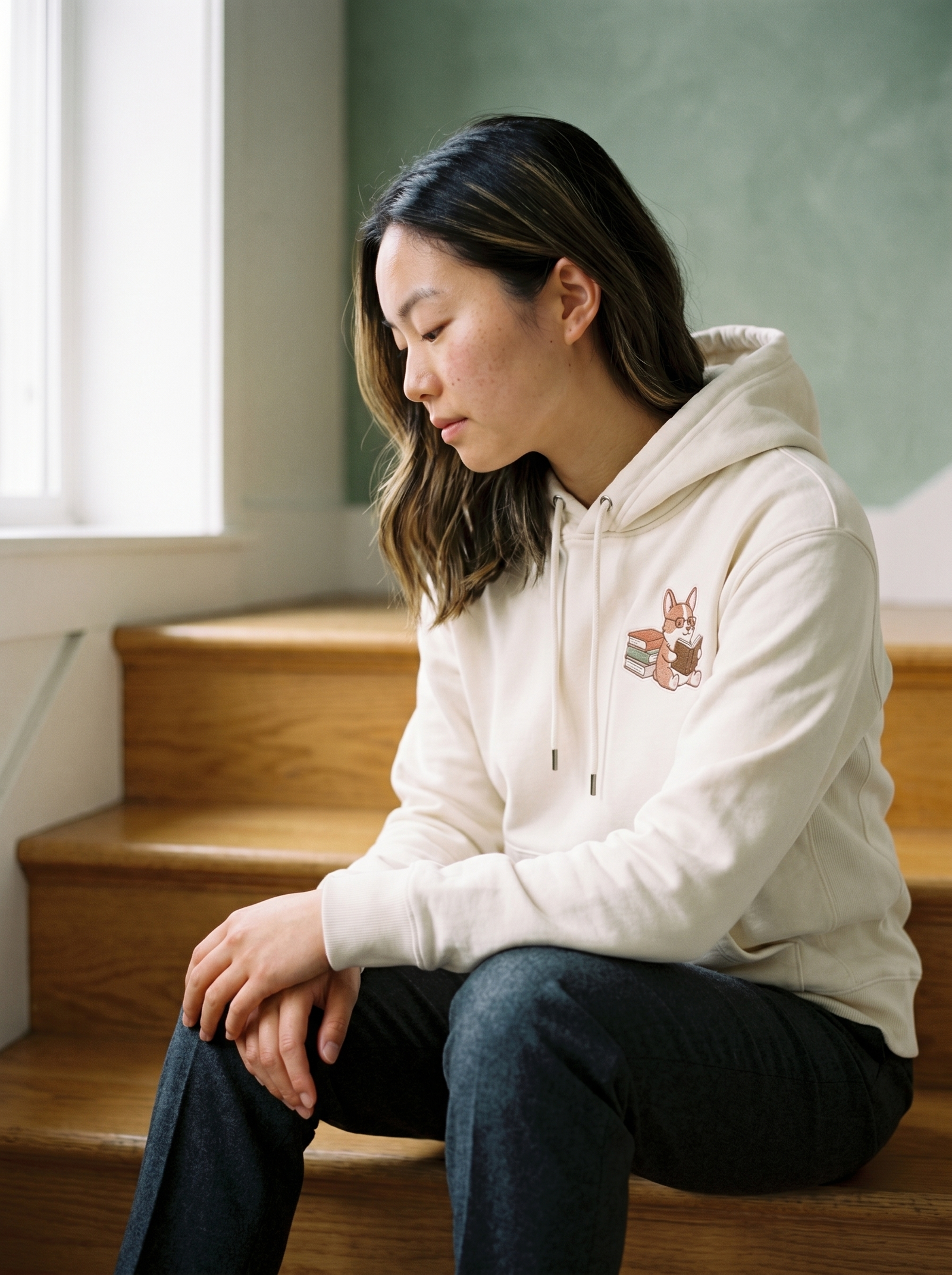 embroidered bookstore corgi hoodie - model seated