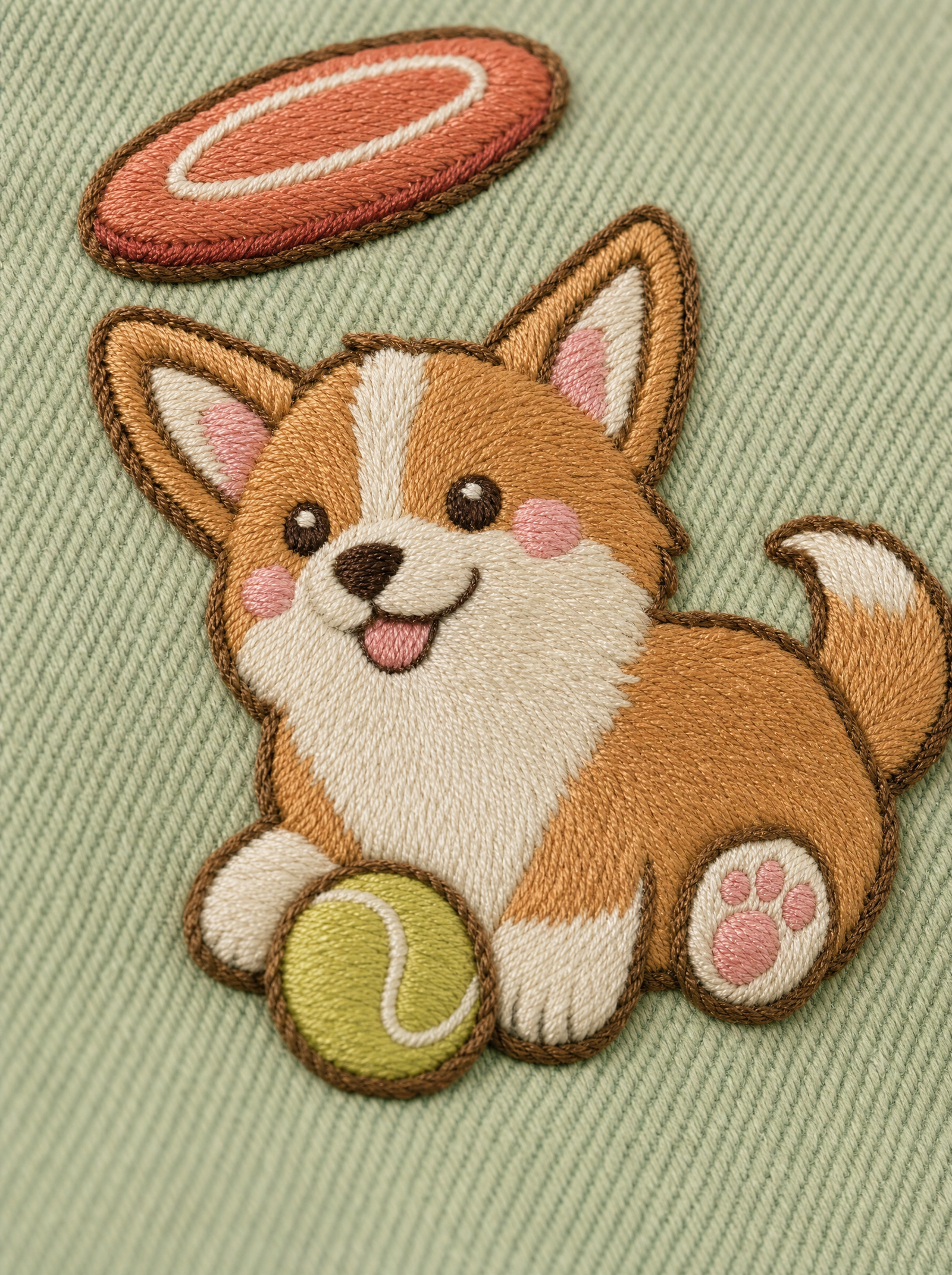 embroidered frisbee corgi hat - embroidery macro detail