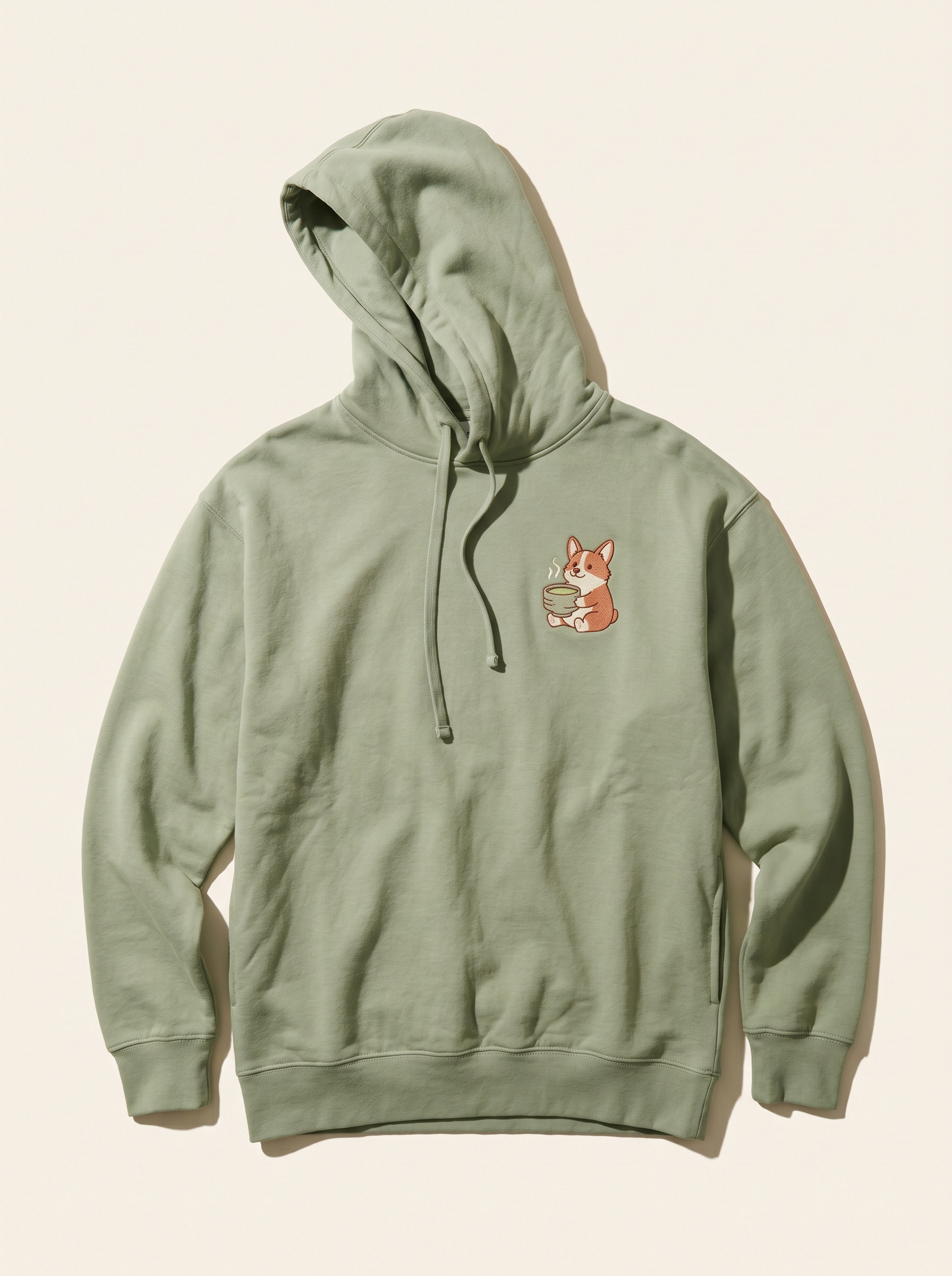 embroidered matcha latte corgi hoodie - flat front