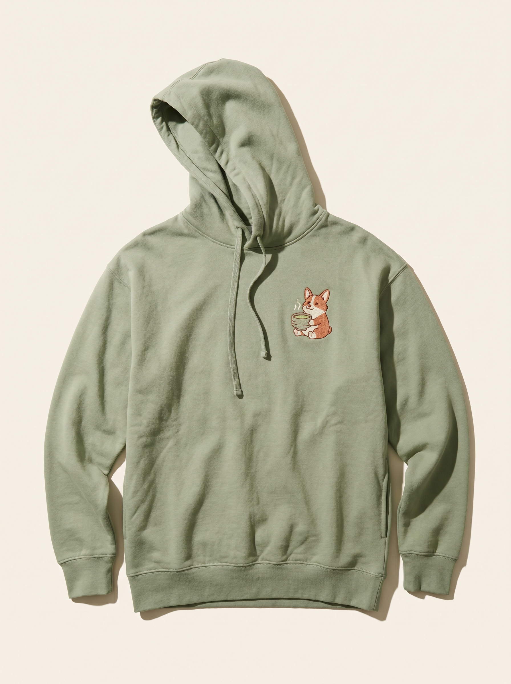 embroidered matcha latte corgi hoodie - flat front