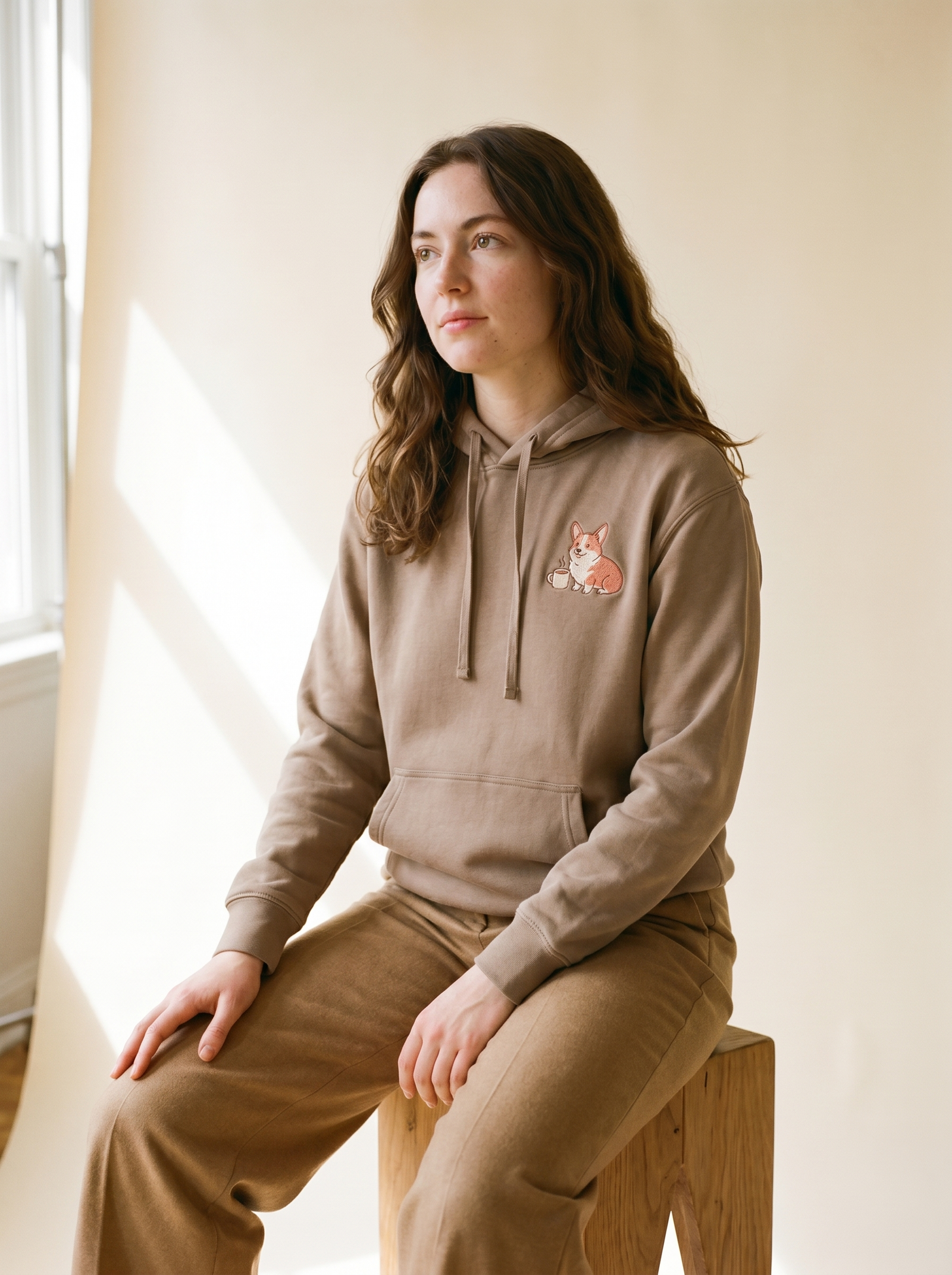 embroidered coffee date corgi hoodie - model seated