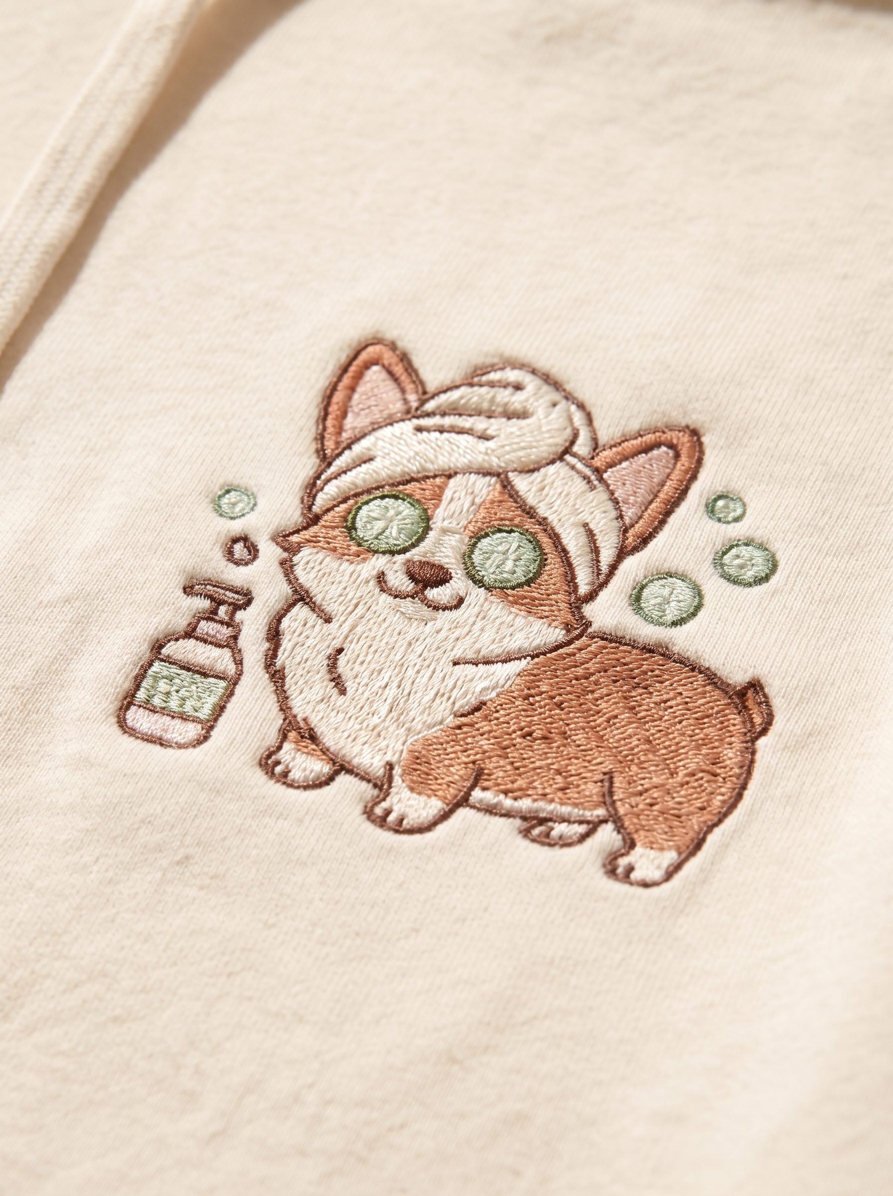 embroidered skincare corgi hoodie - embroidery macro detail