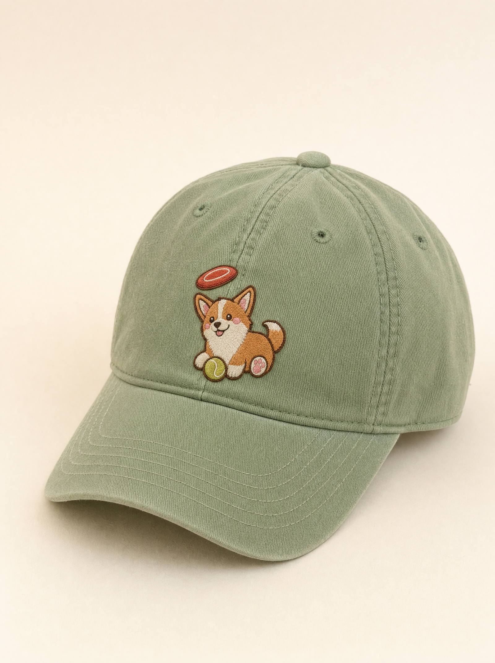 embroidered frisbee corgi hat - flat front
