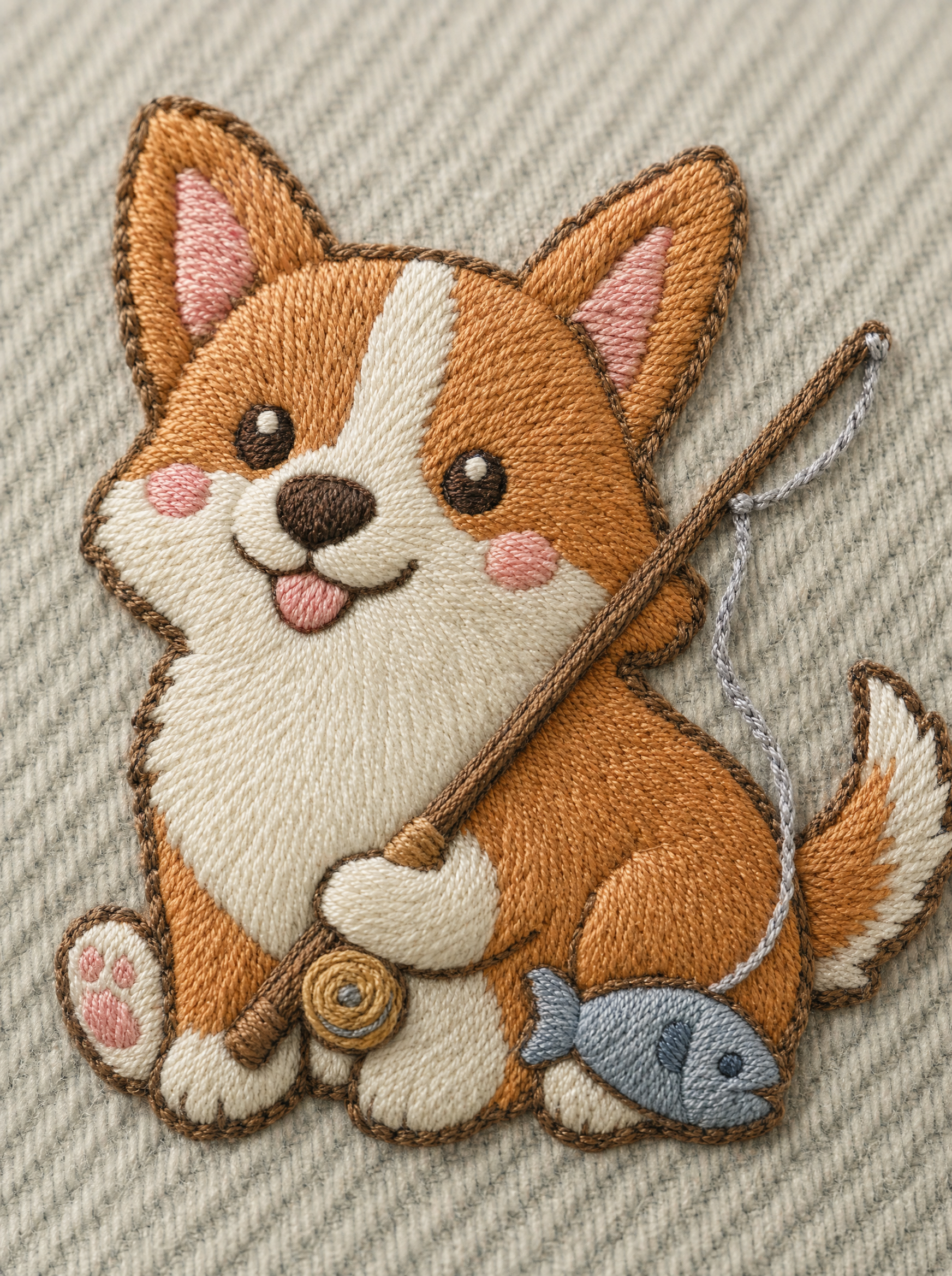 embroidered fishing pier corgi hat - embroidery macro detail
