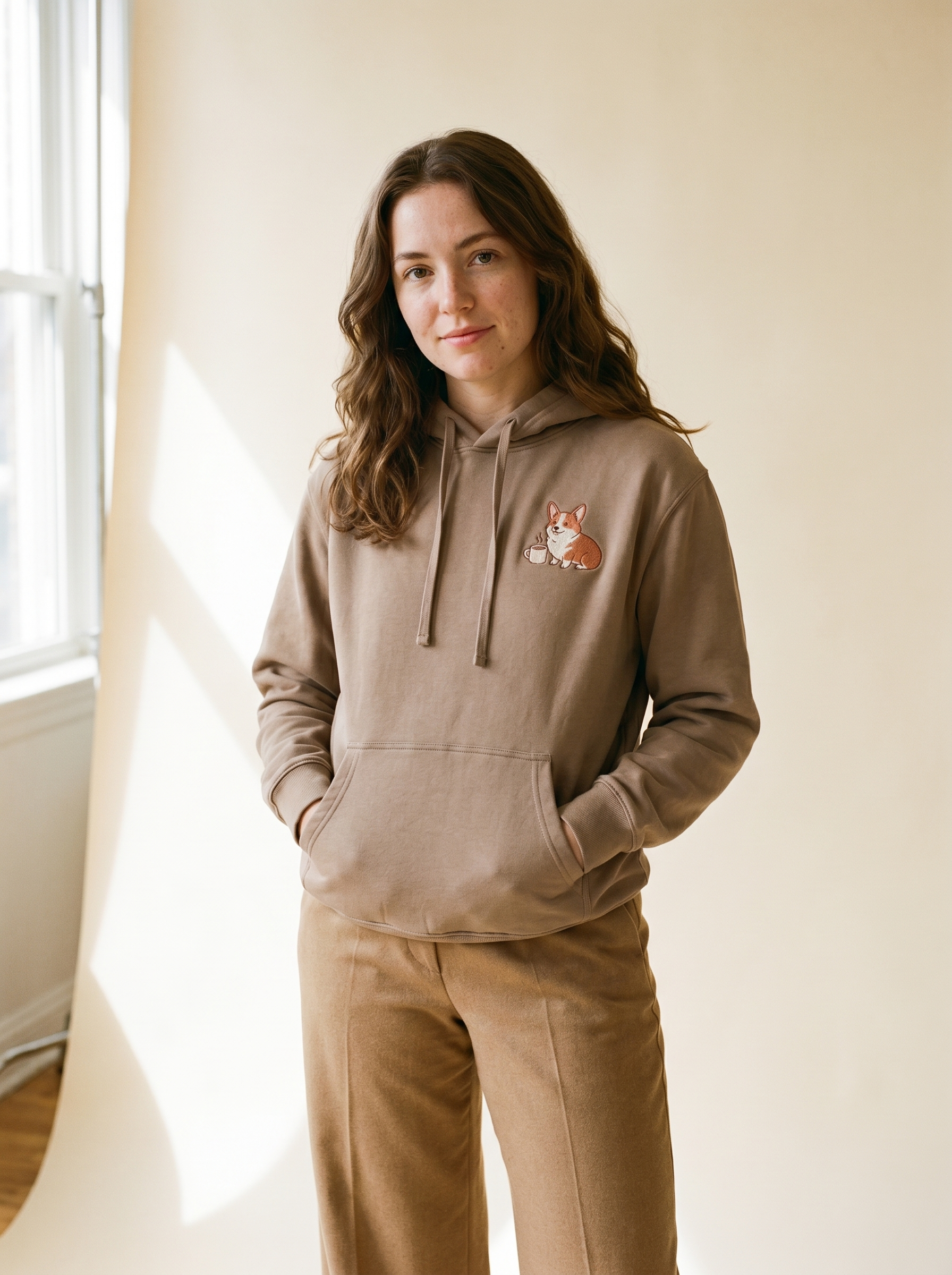 embroidered coffee date corgi hoodie - model standing