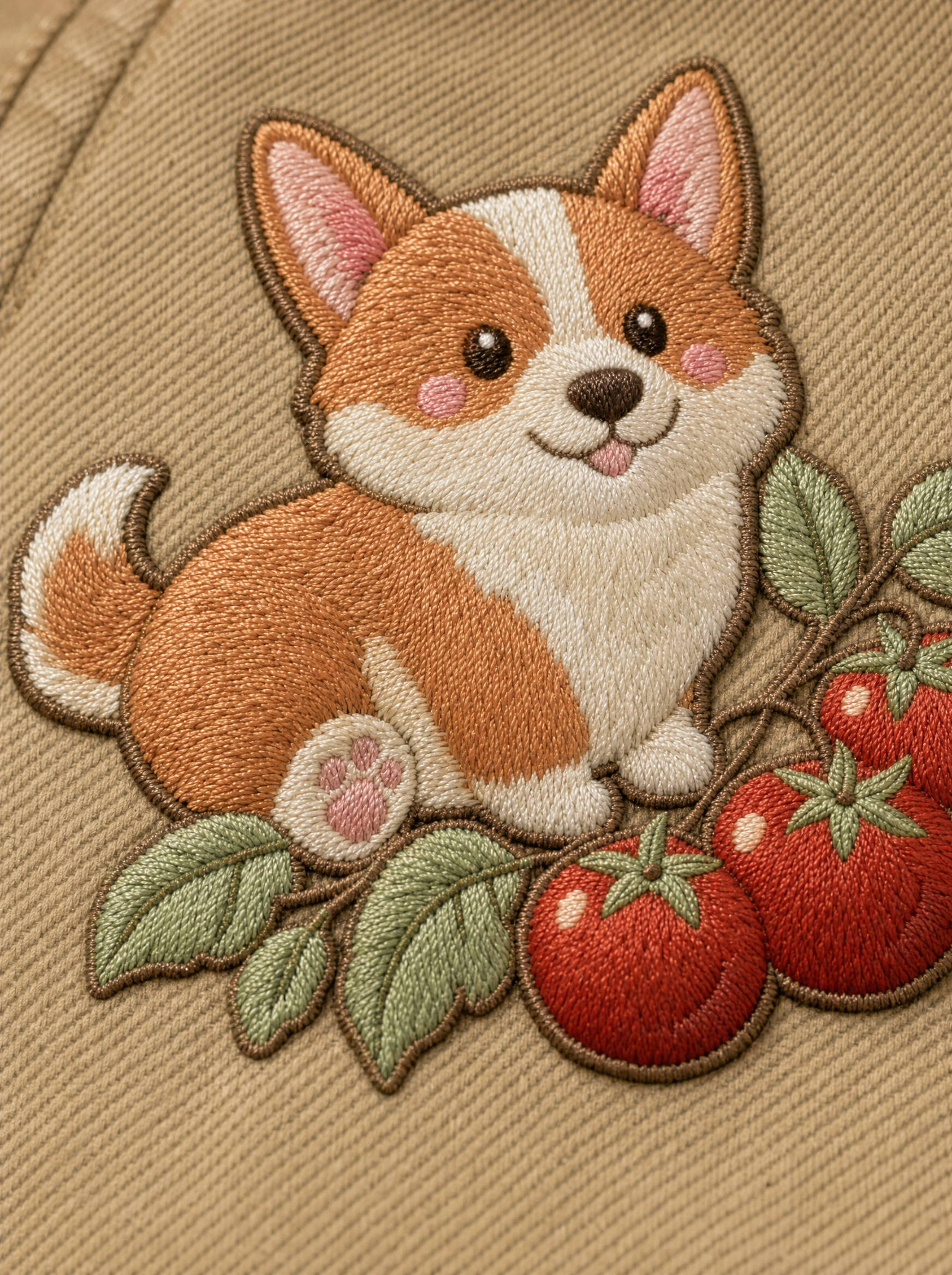 embroidered tomato vine corgi hat - embroidery macro detail