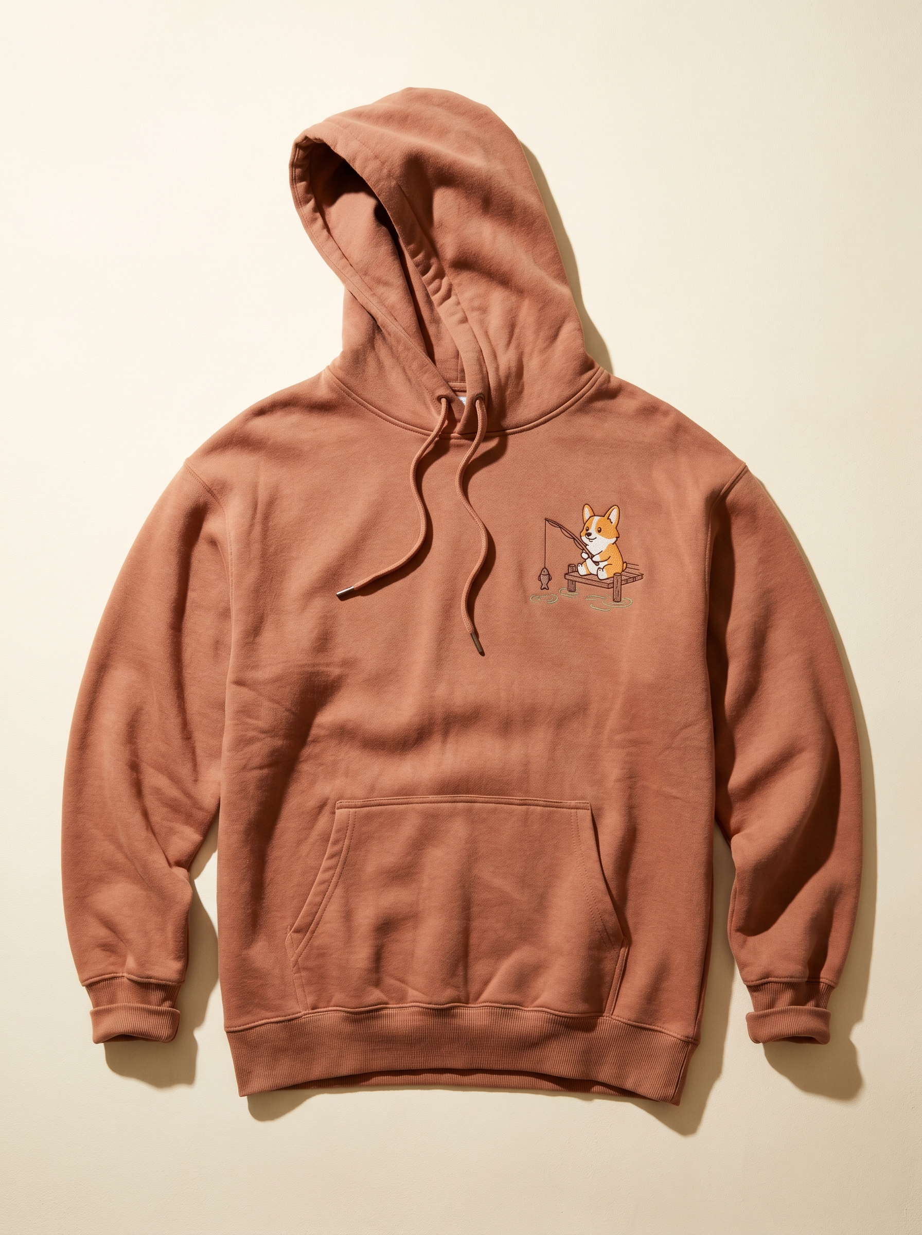 embroidered fishing corgi hoodie - flat front
