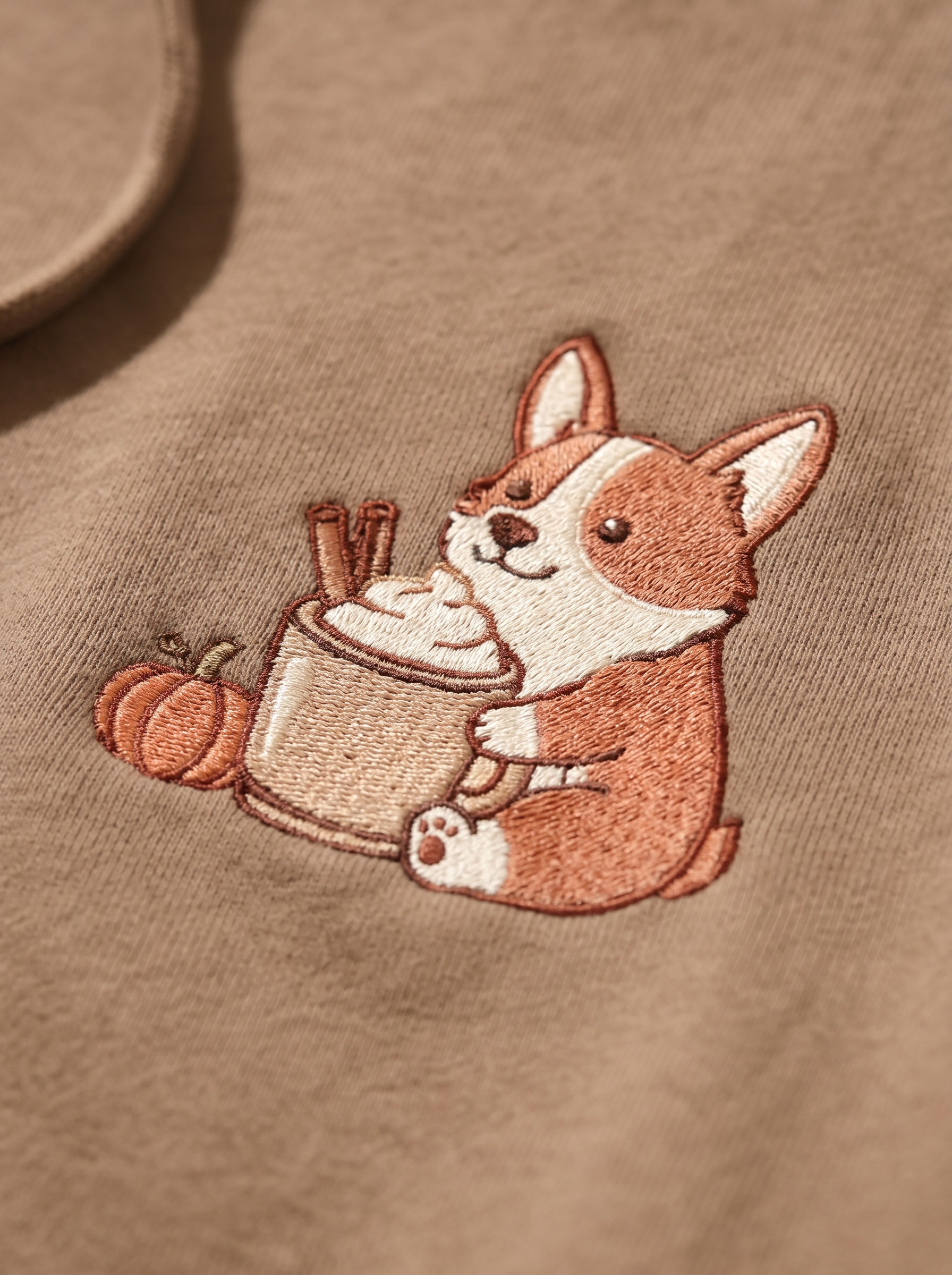 embroidered pumpkin spice corgi hoodie - embroidery macro detail