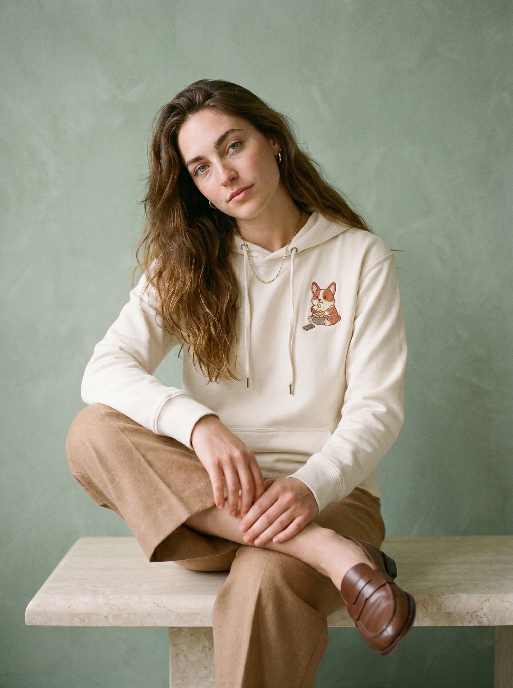 embroidered movie night corgi hoodie - model seated