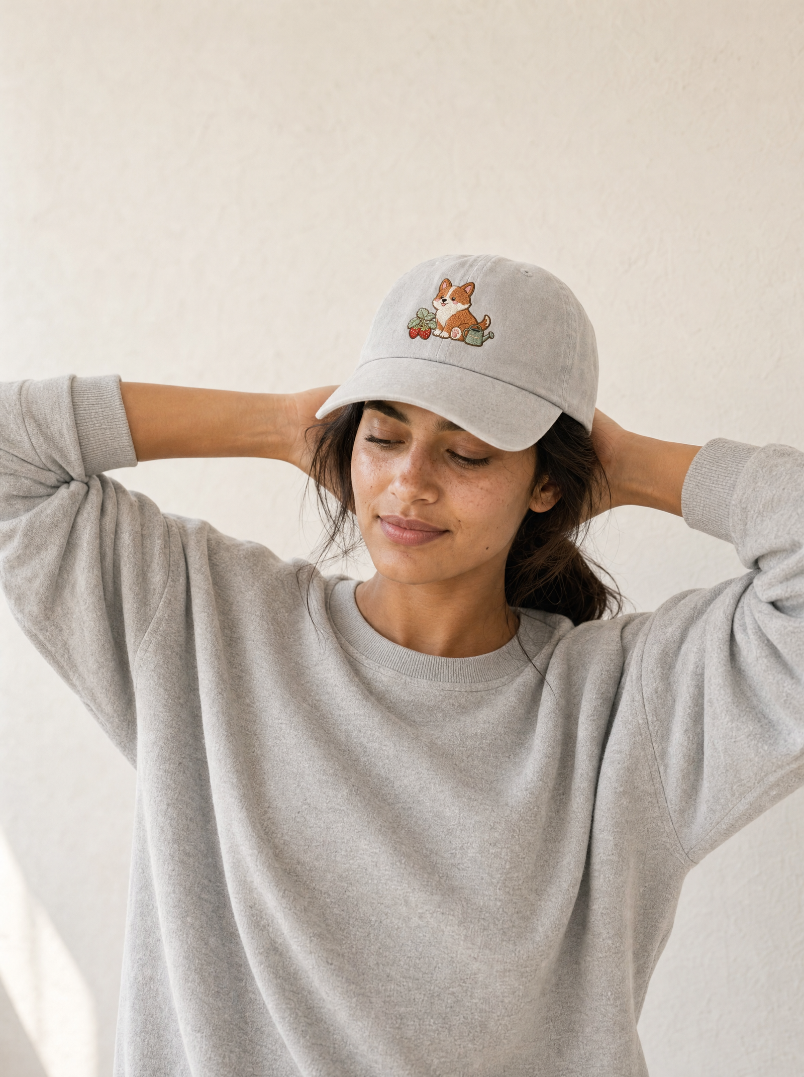 embroidered strawberry corgi hat - model upper body