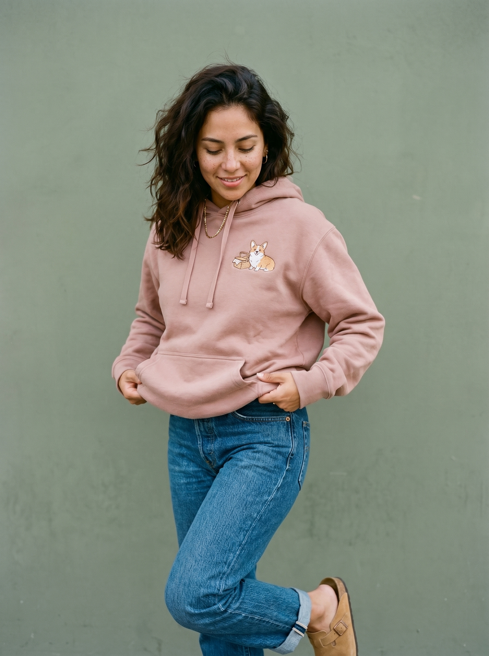embroidered picnic day corgi hoodie - model standing