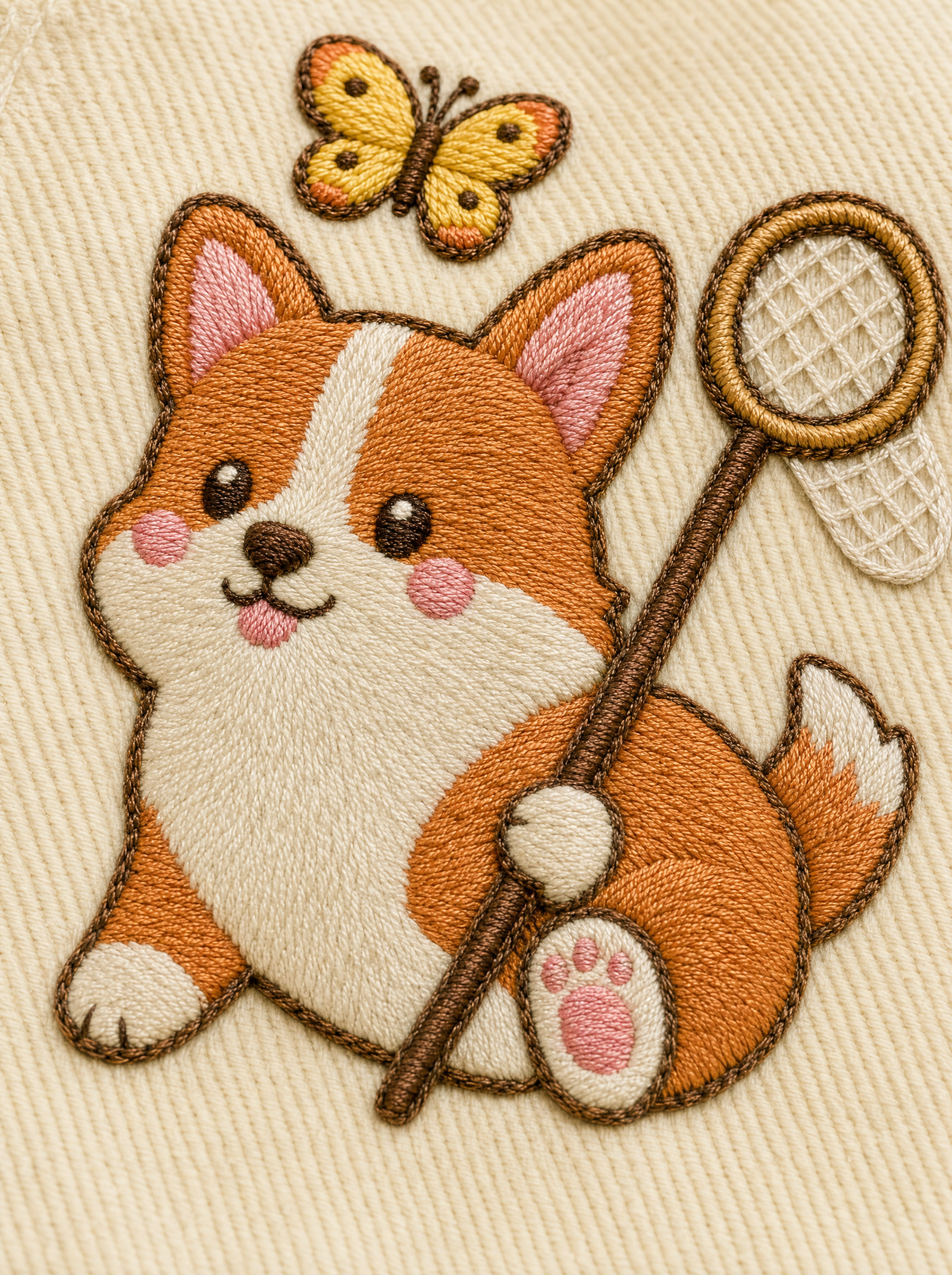 embroidered butterfly corgi hat - embroidery macro detail