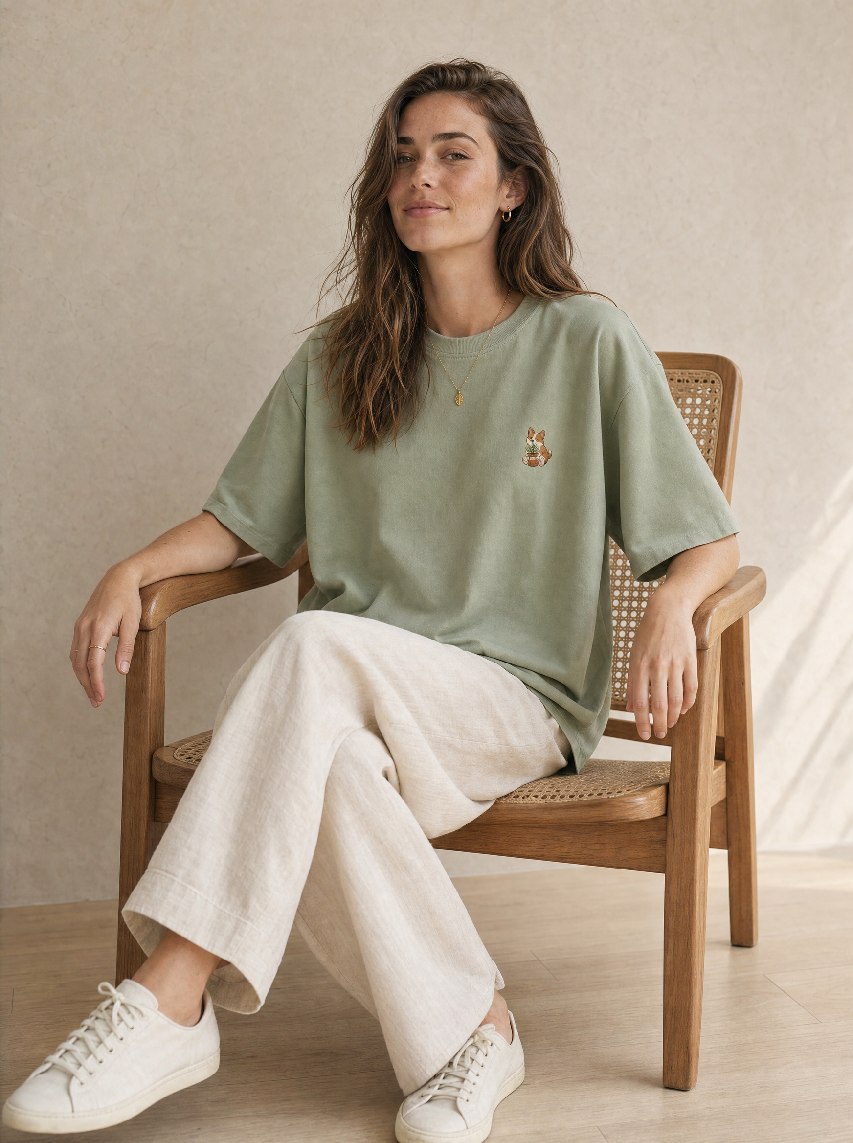 embroidered herb garden corgi t-shirt - model seated