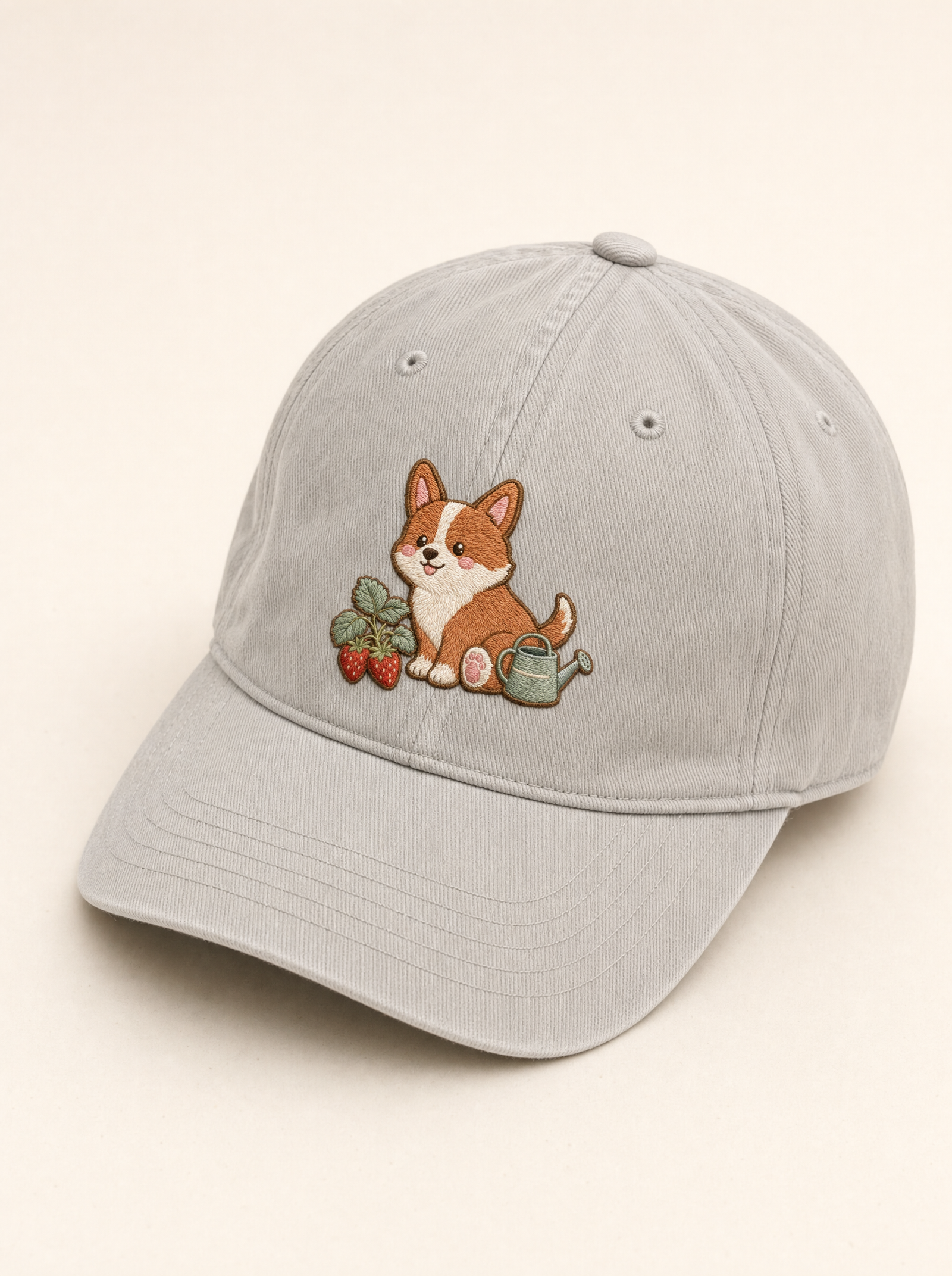 embroidered strawberry corgi hat - flat front