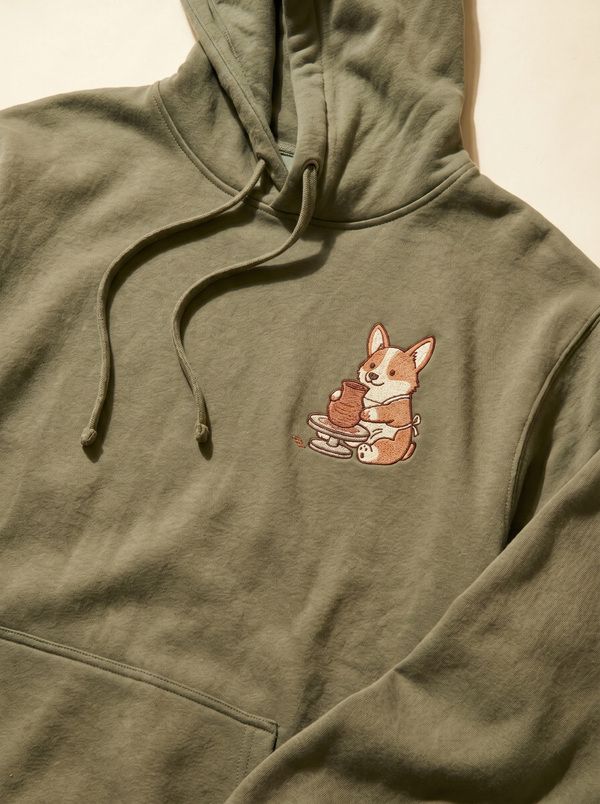 embroidered pottery corgi hoodie - chest detail