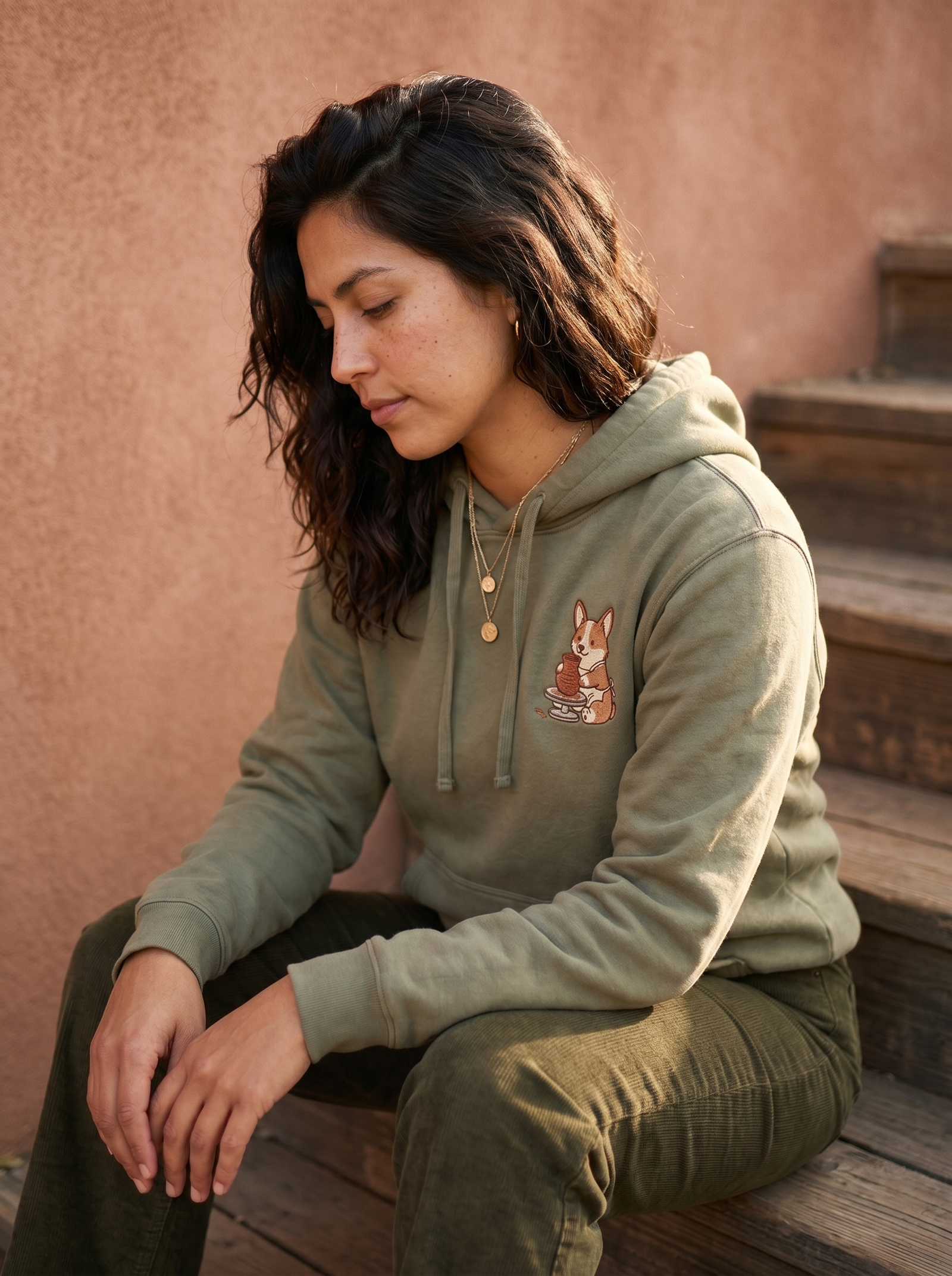 embroidered pottery corgi hoodie - model seated