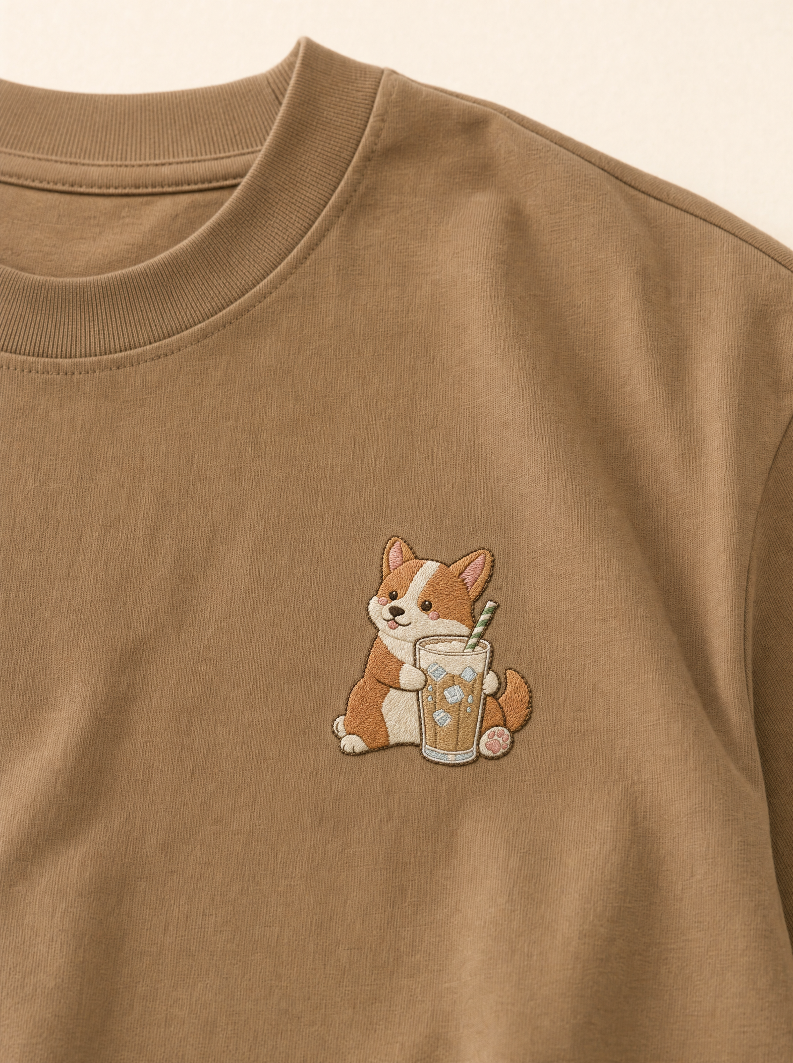 embroidered iced coffee corgi t-shirt - chest detail