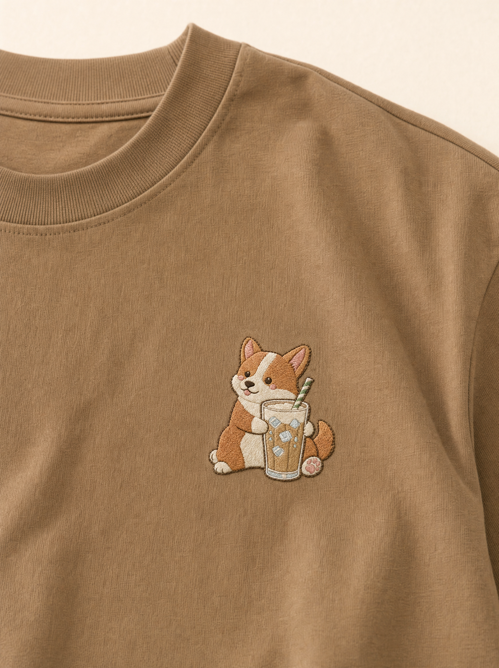 embroidered iced coffee corgi t-shirt - chest detail