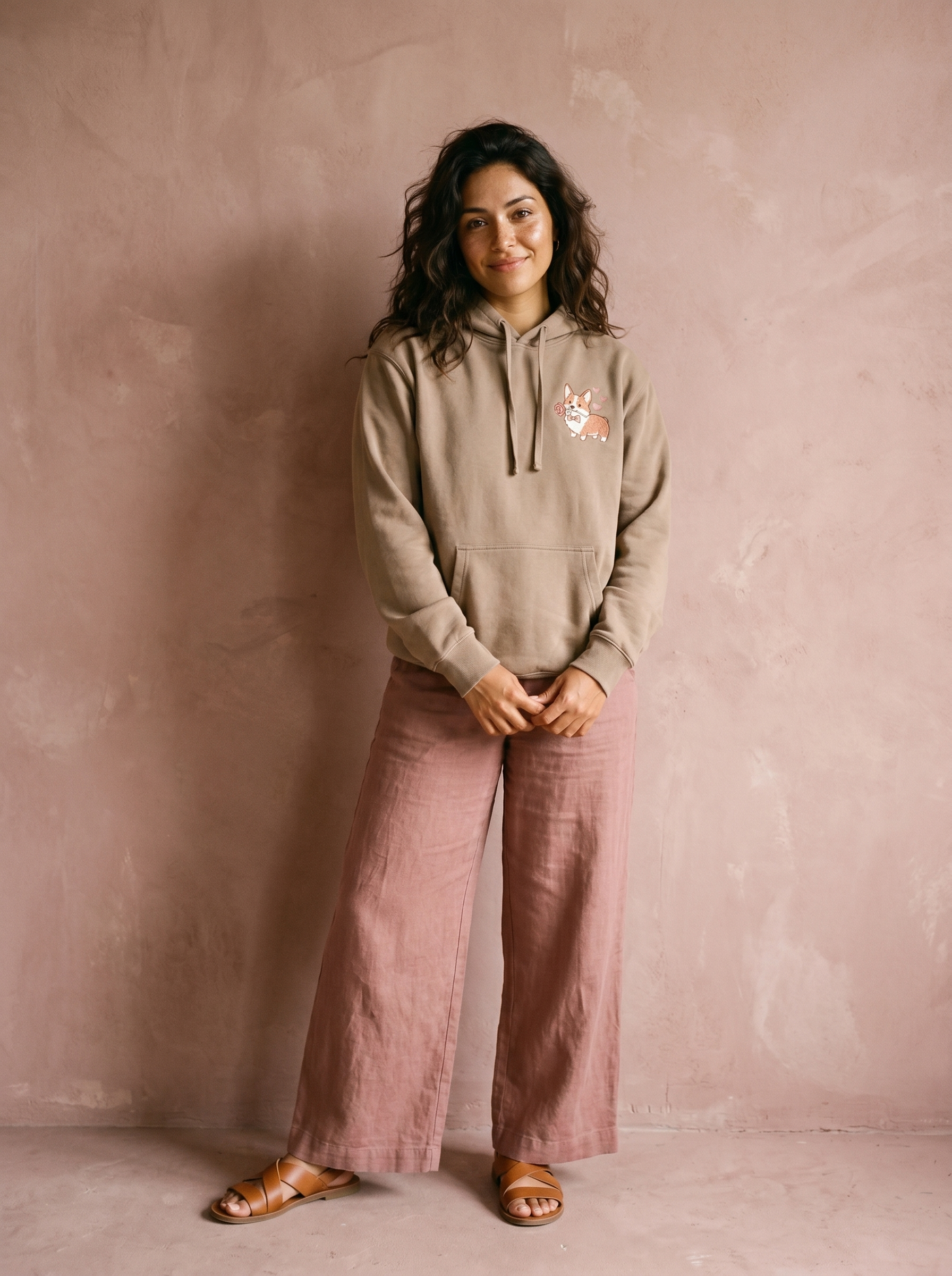 embroidered date night corgi hoodie - model standing