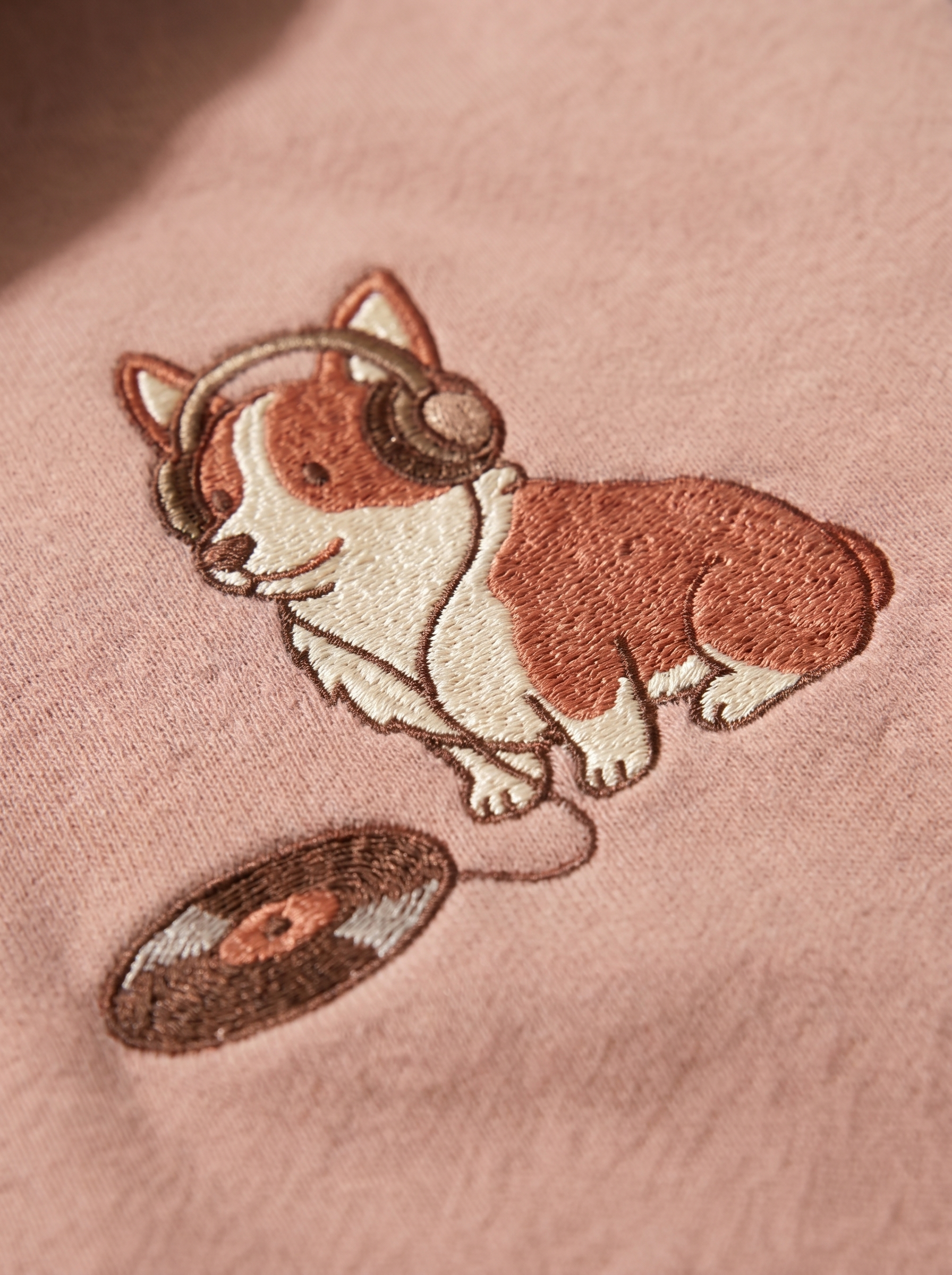 embroidered vinyl corgi hoodie - embroidery macro detail