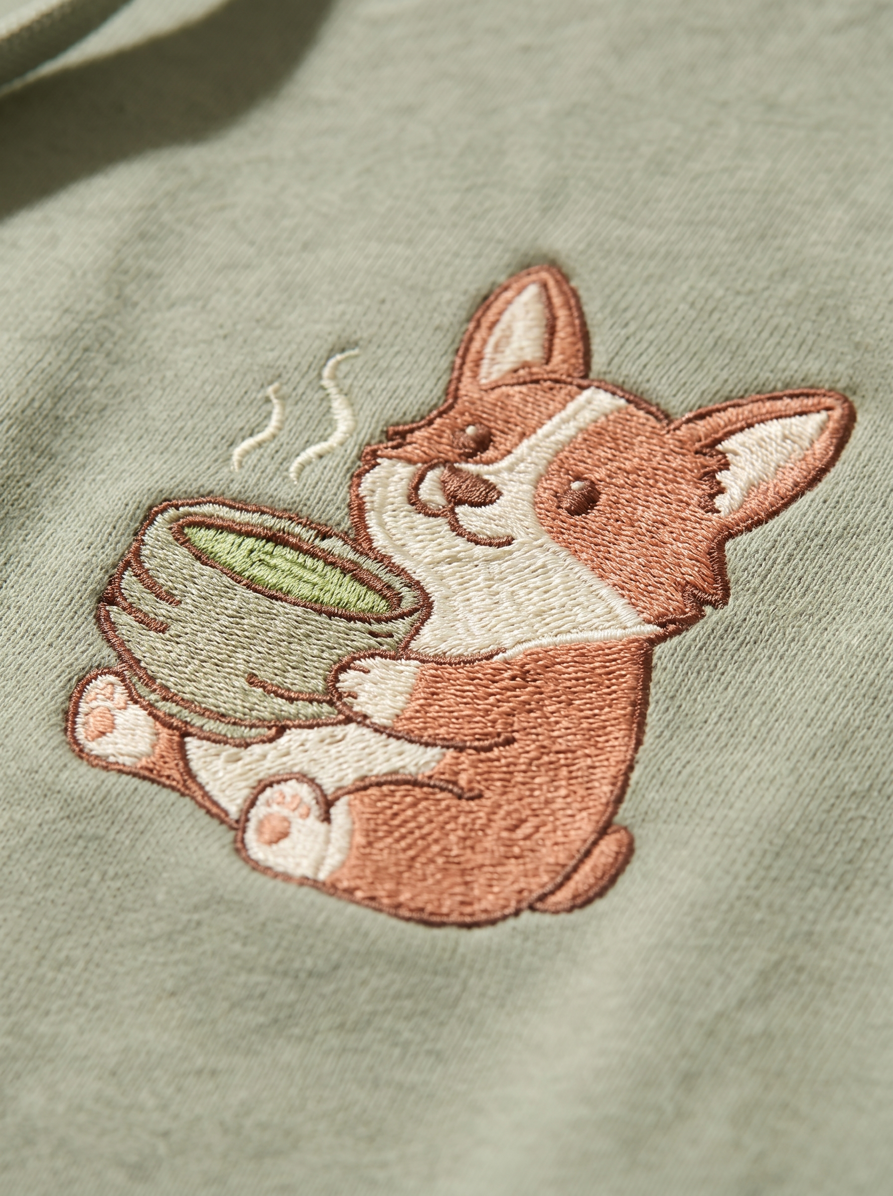 embroidered matcha latte corgi hoodie - embroidery macro detail