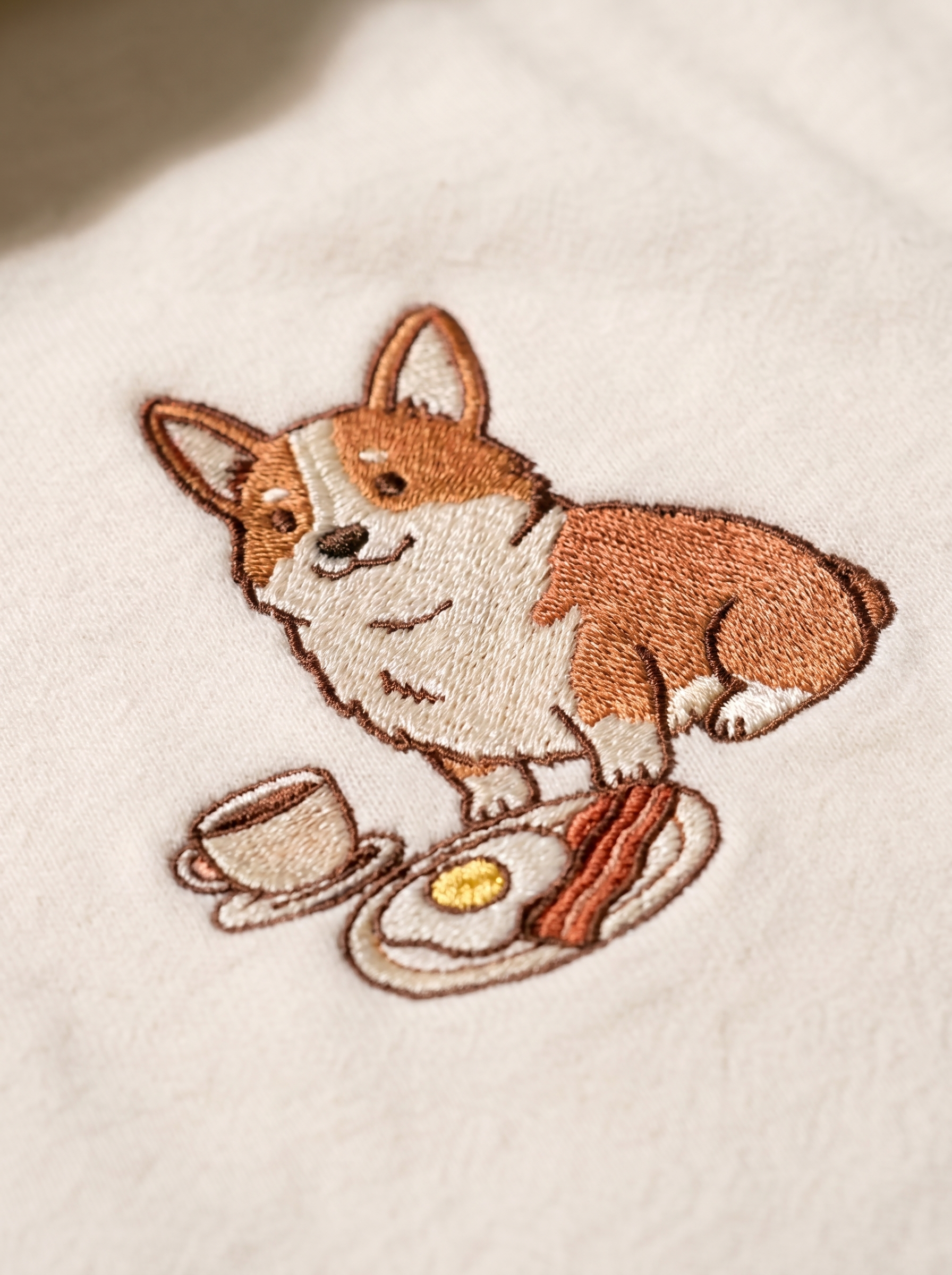 embroidered sunday brunch corgi hoodie - embroidery macro detail