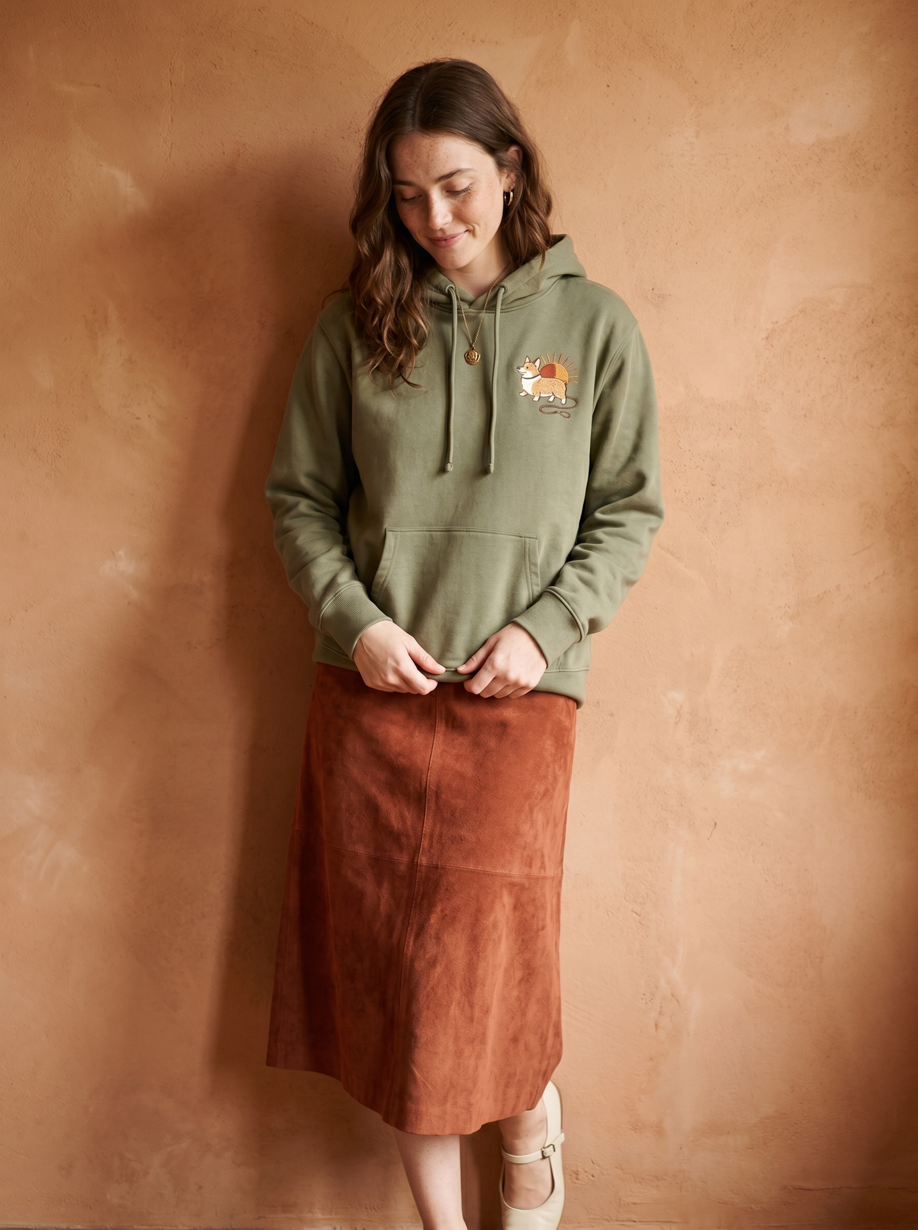 embroidered sunset walk corgi hoodie - model standing