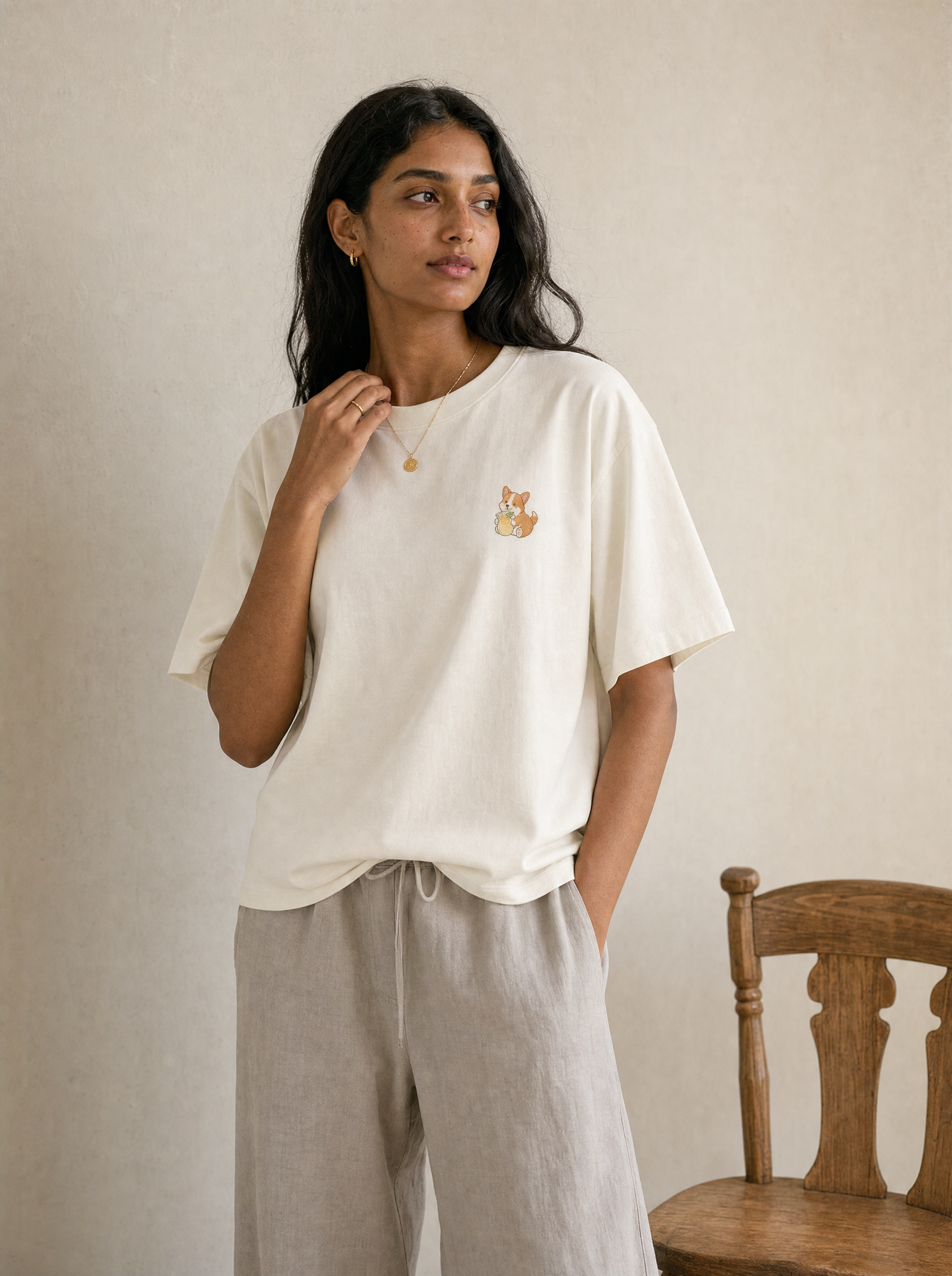 embroidered lemonade corgi t-shirt - model standing