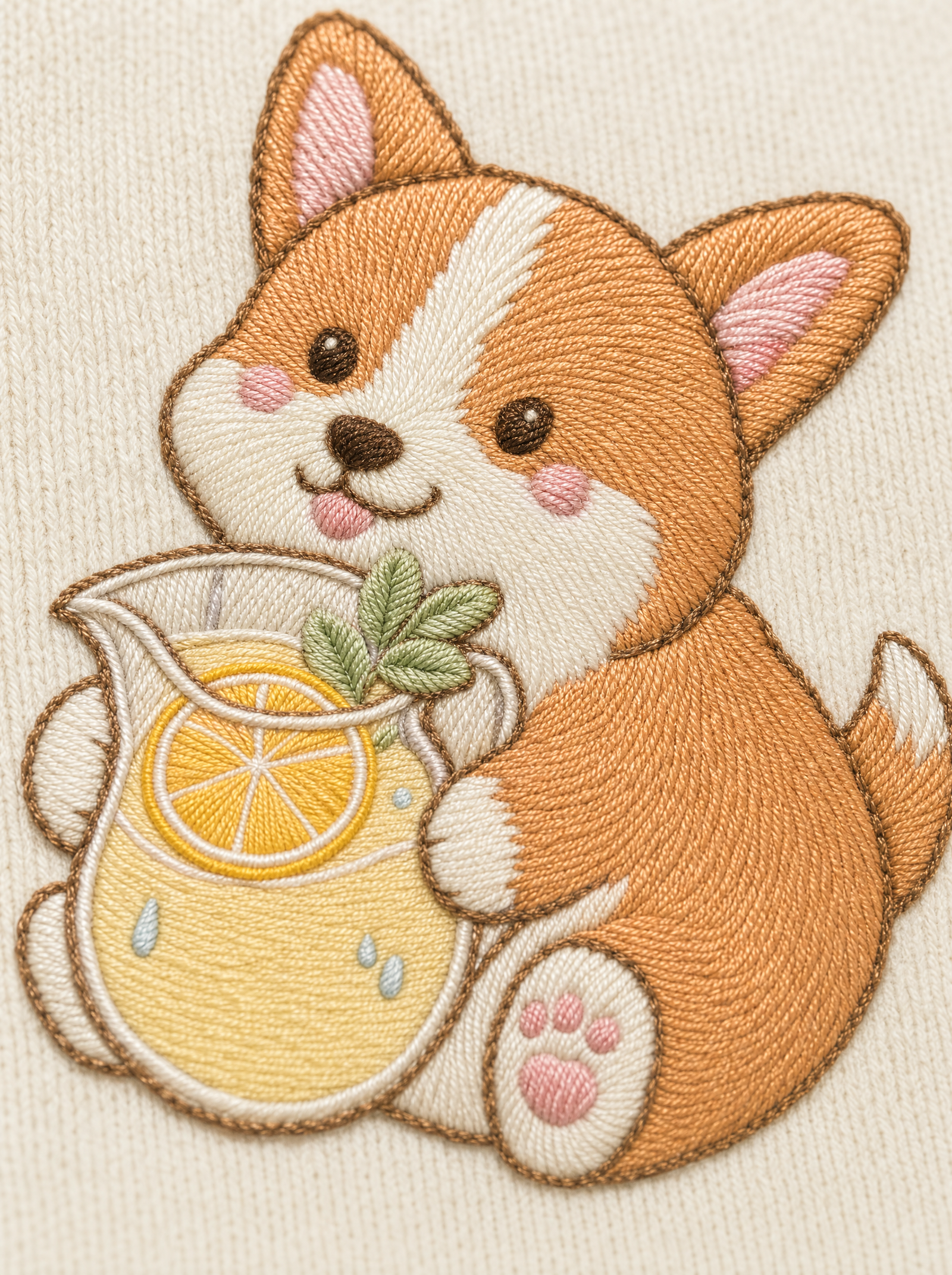 embroidered lemonade corgi t-shirt - embroidery macro detail