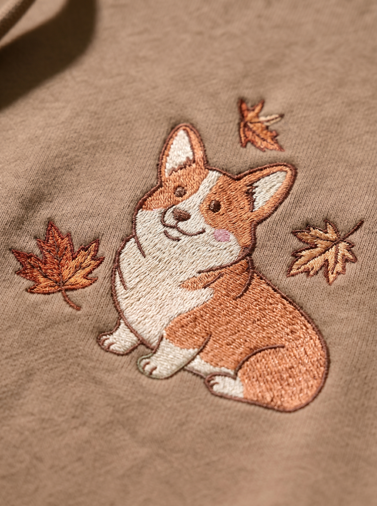 embroidered autumn leaves corgi hoodie - embroidery macro detail