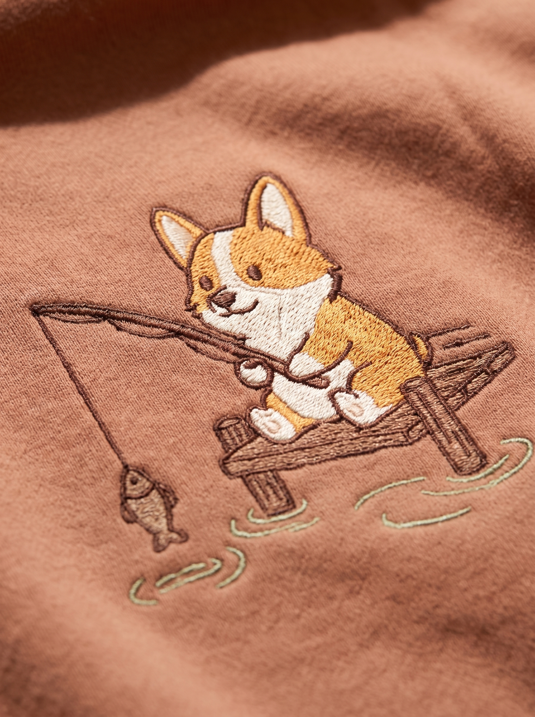 embroidered fishing corgi hoodie - embroidery macro detail
