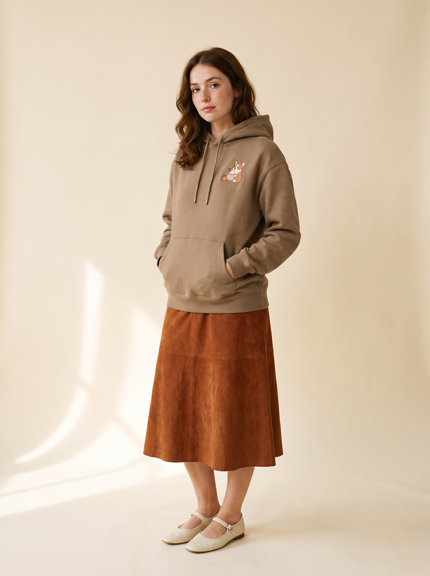 embroidered pumpkin spice corgi hoodie - model standing