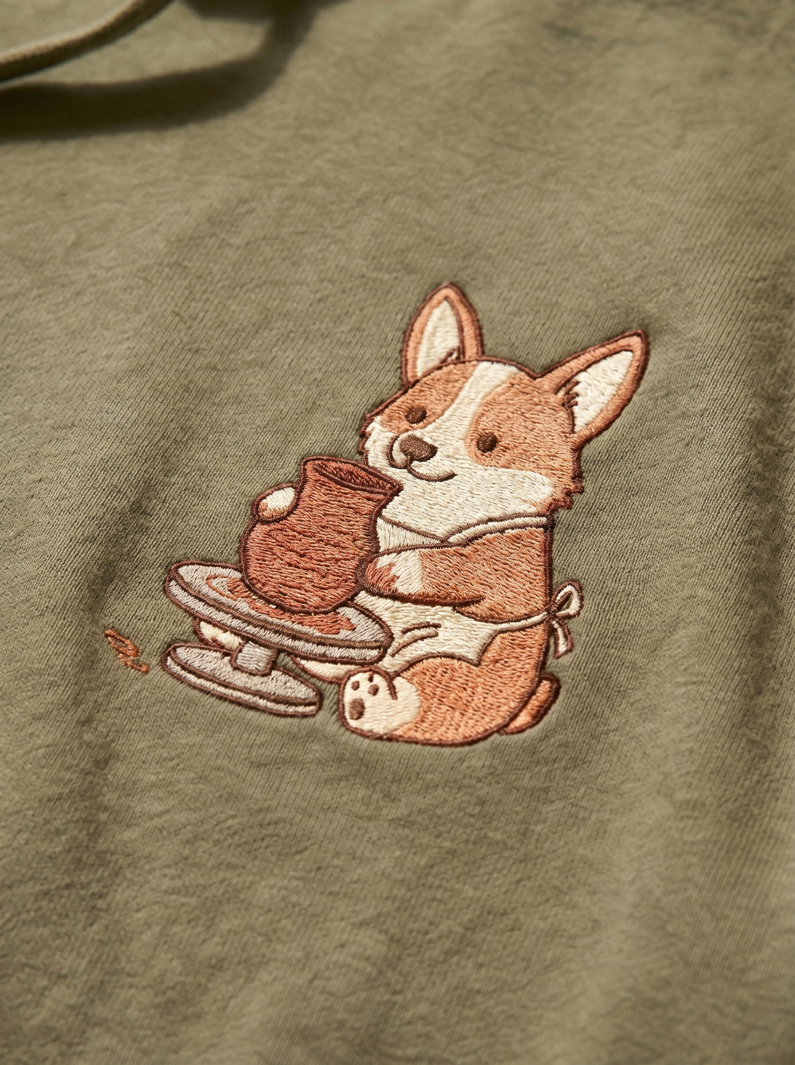 embroidered pottery corgi hoodie - embroidery macro detail