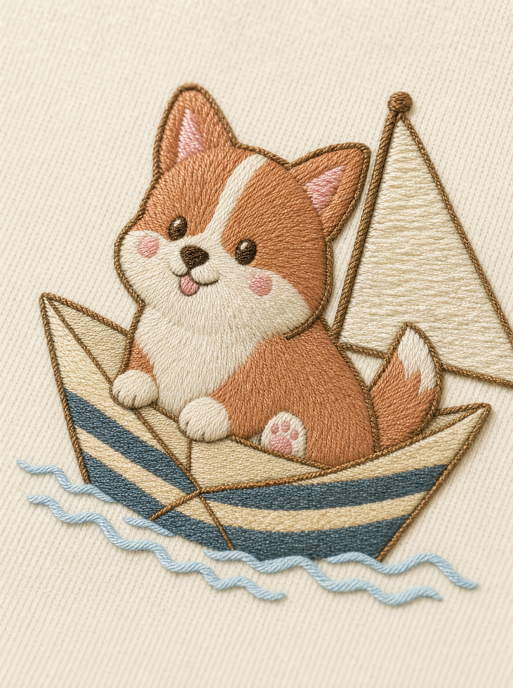 embroidered sailing corgi t-shirt - embroidery macro detail