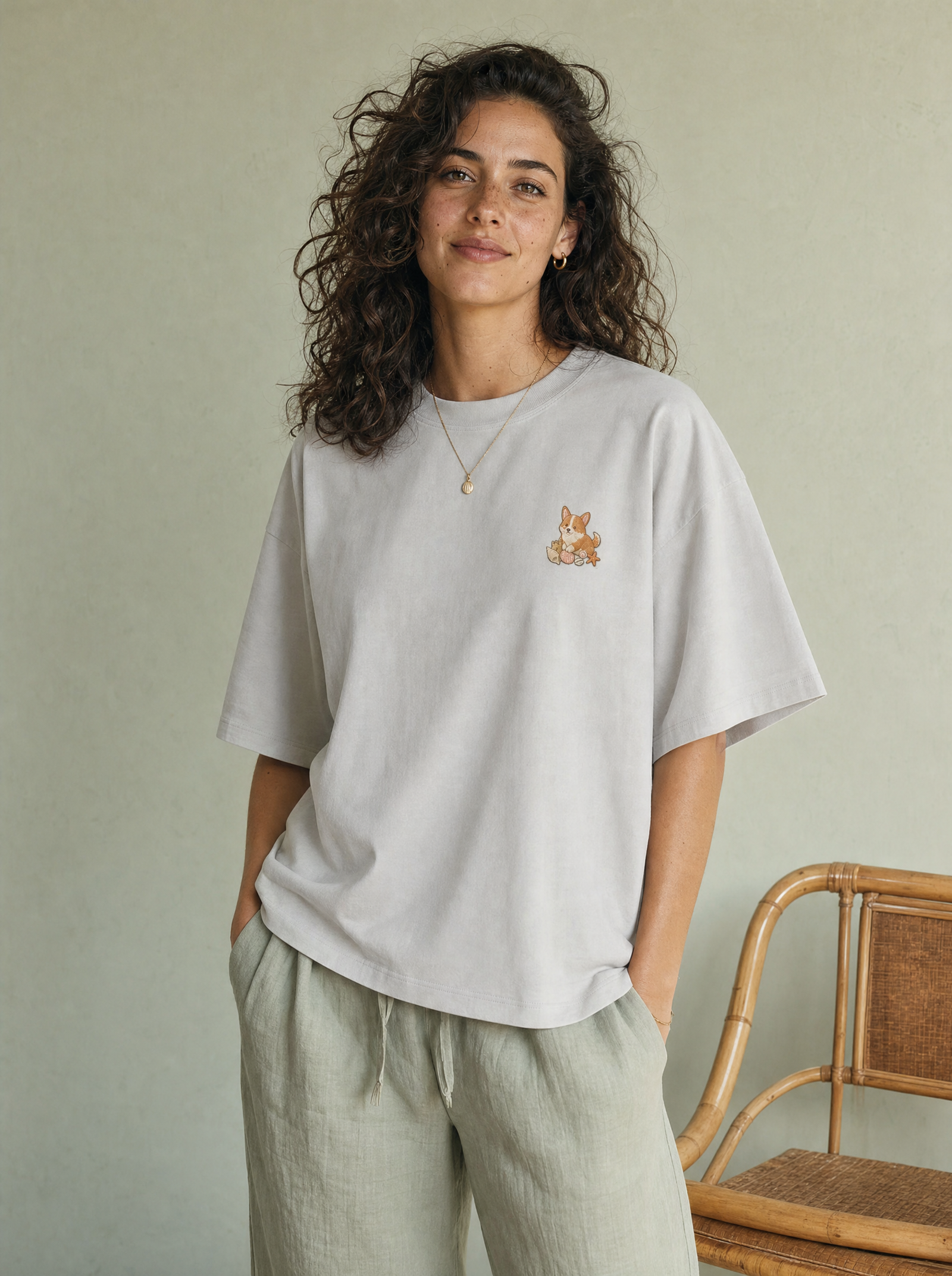embroidered seashell corgi t-shirt - model standing
