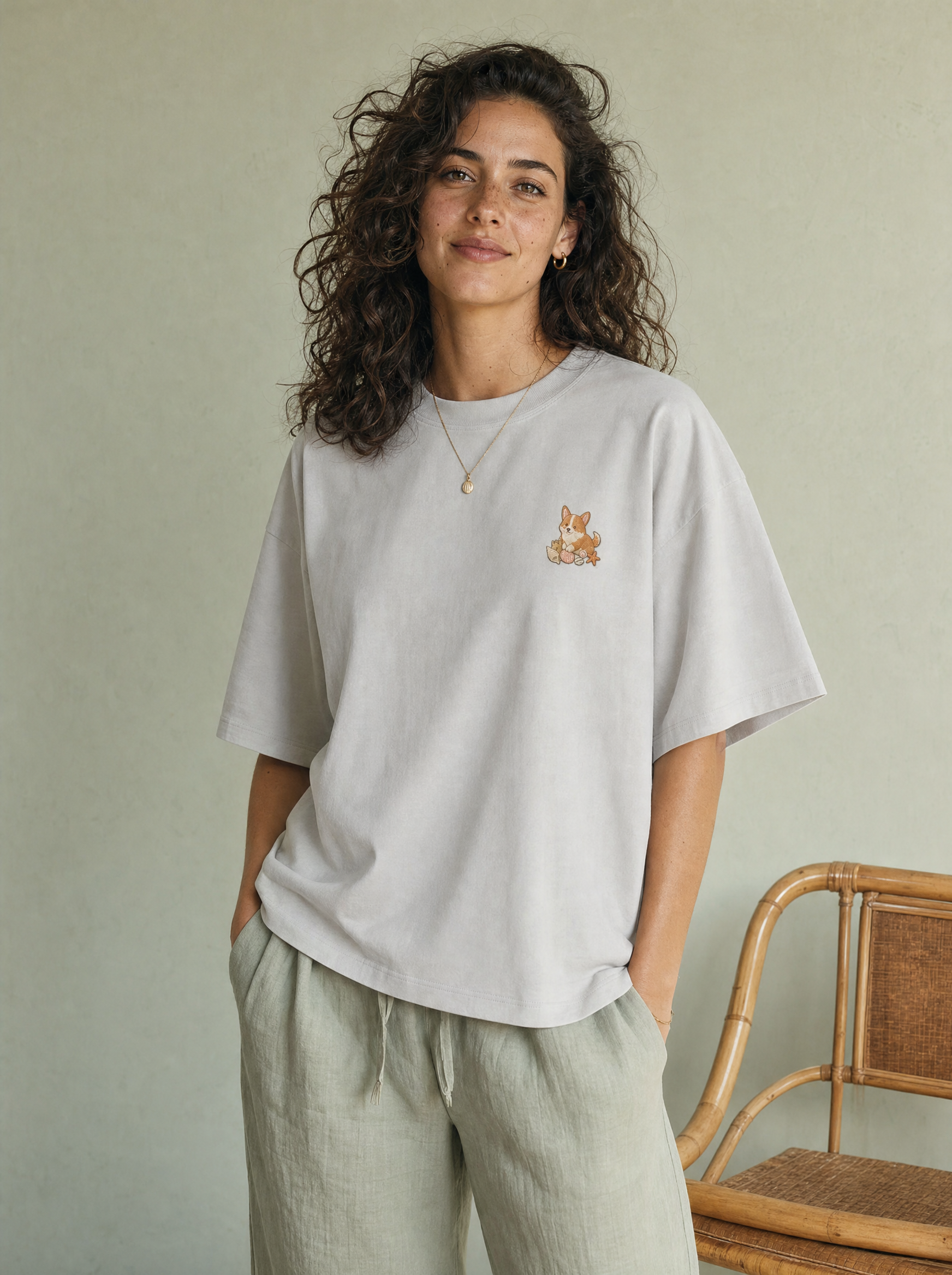embroidered seashell corgi t-shirt - model standing