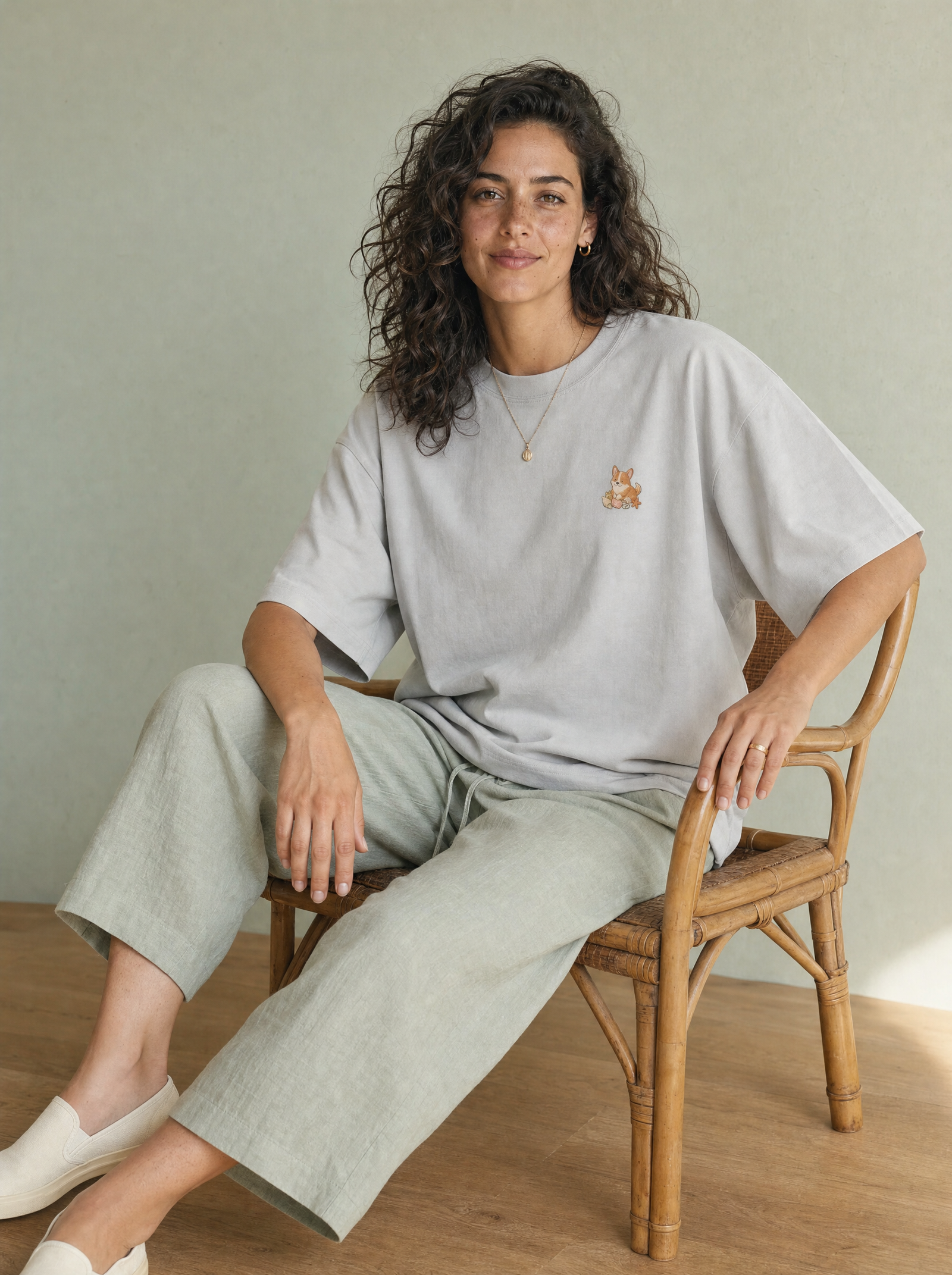 embroidered seashell corgi t-shirt - model seated