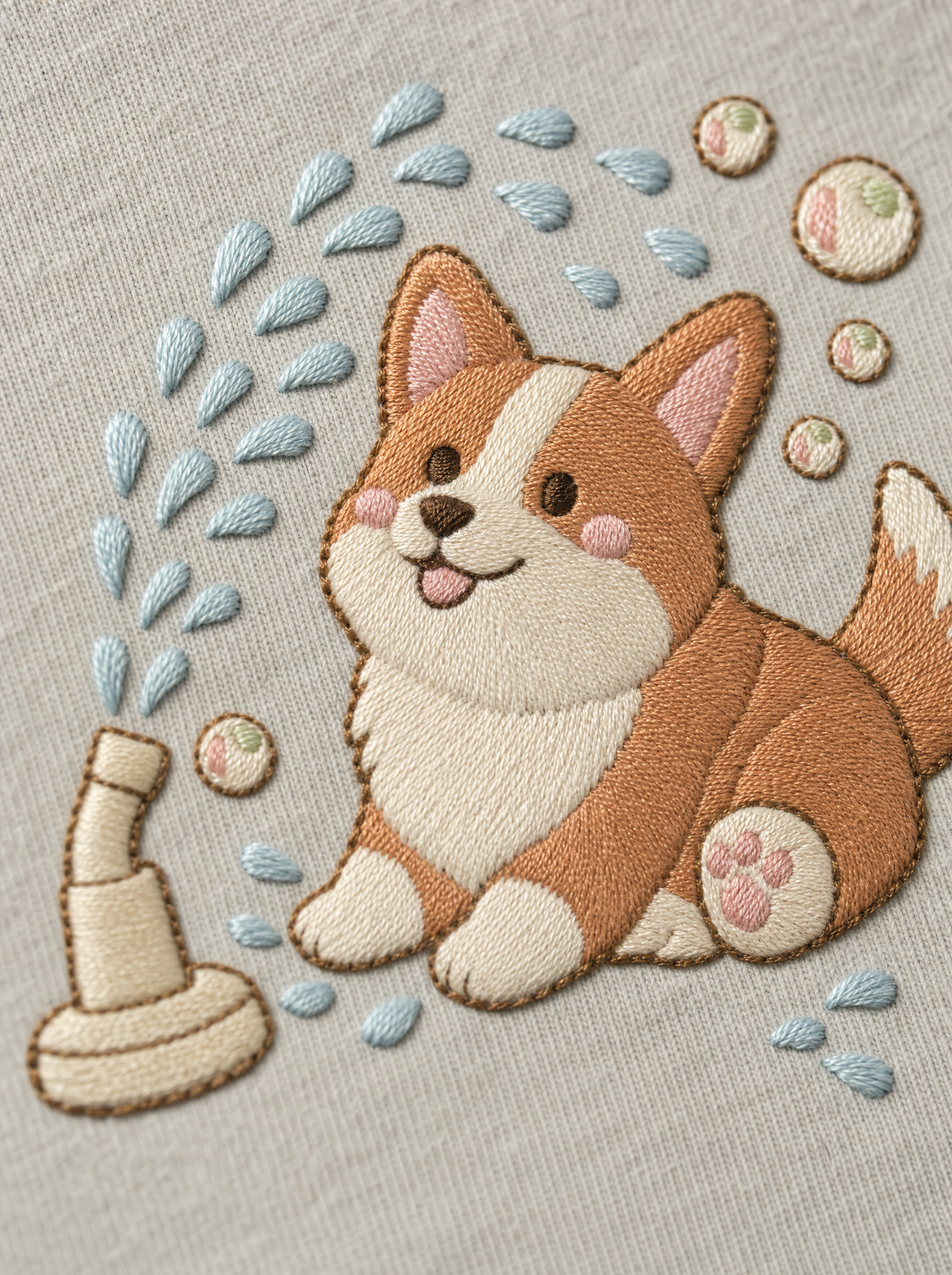 embroidered splash pad corgi t-shirt - embroidery macro detail