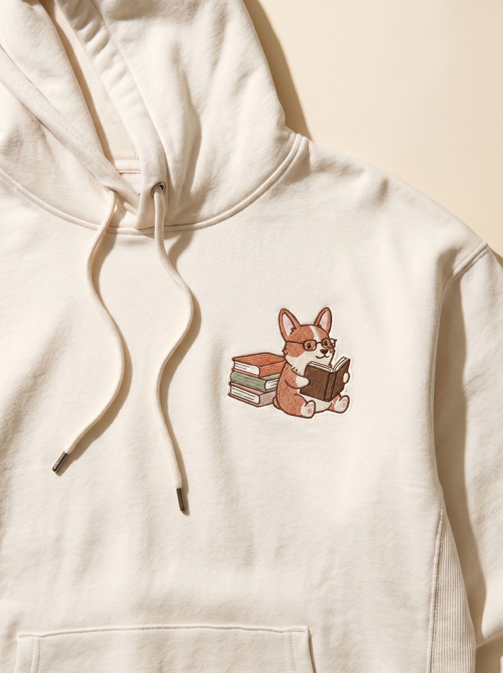 embroidered bookstore corgi hoodie - chest detail